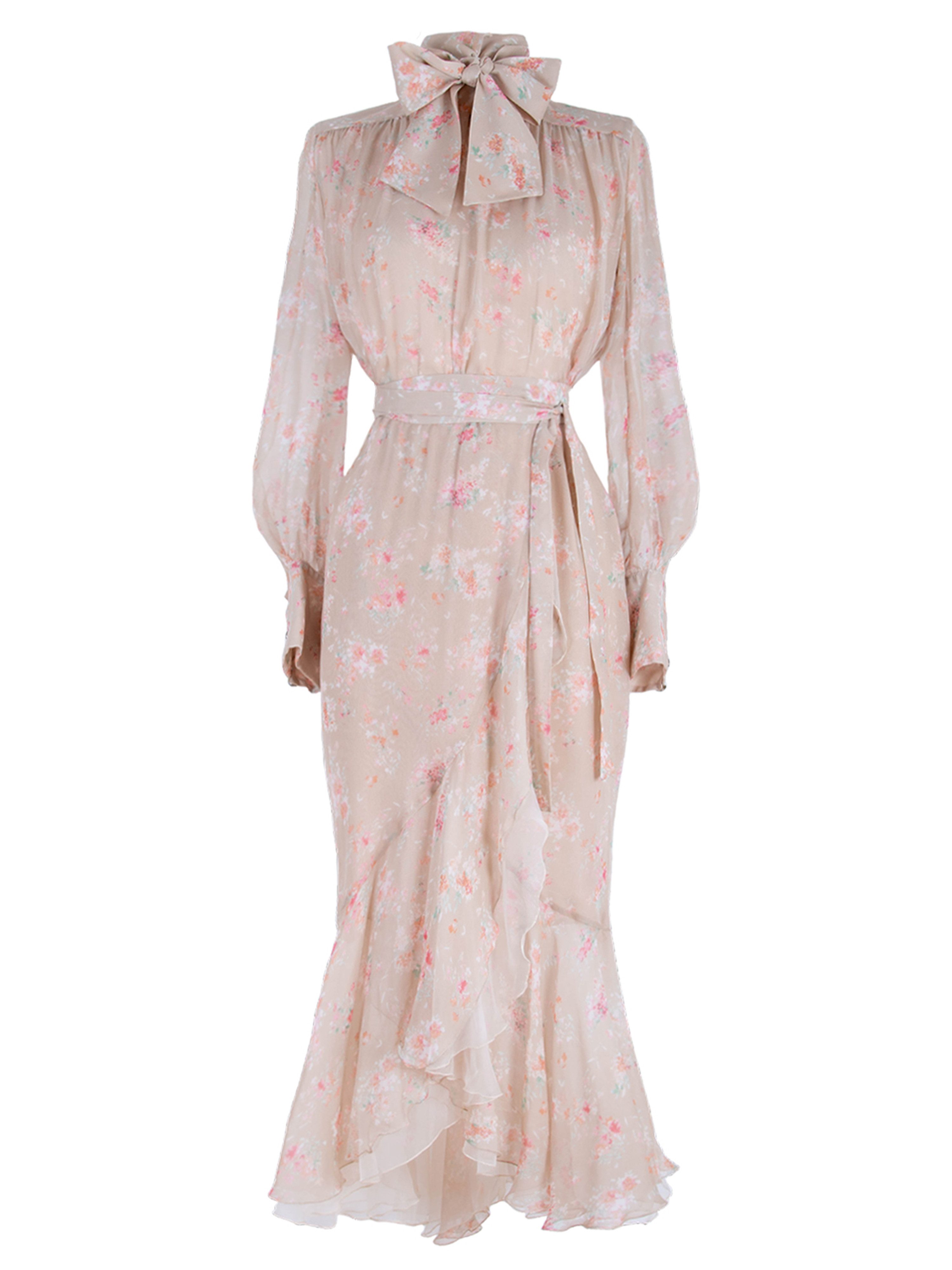 Chiffonkleid Kleid aus Seide mit Floralem Print und Schleifenkragen