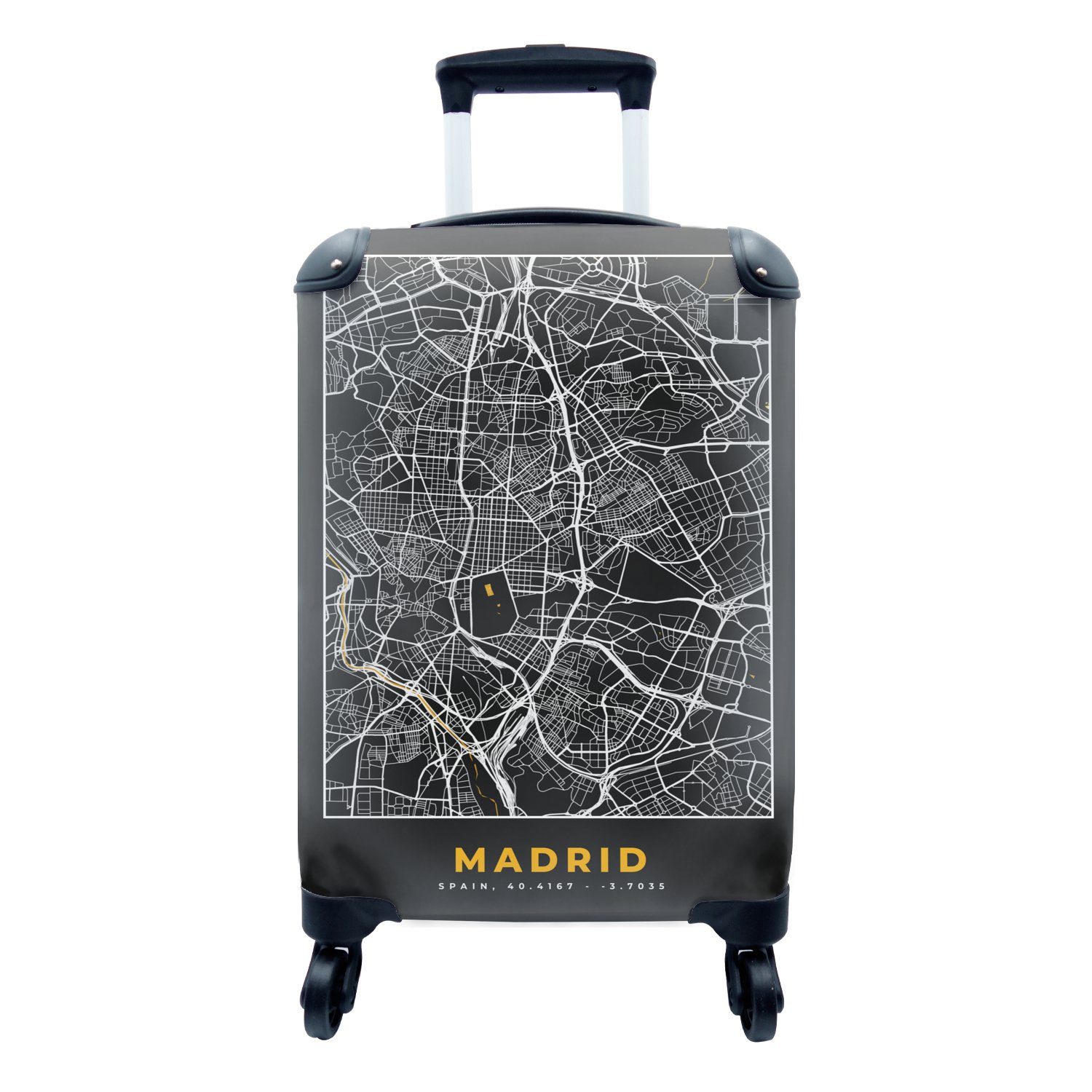 MuchoWow Handgepäckkoffer Madrid - Gold - Karte - Stadtplan, 4 Rollen, Reisetasche mit rollen, Handgepäck für Ferien, Trolley, Reisekoffer