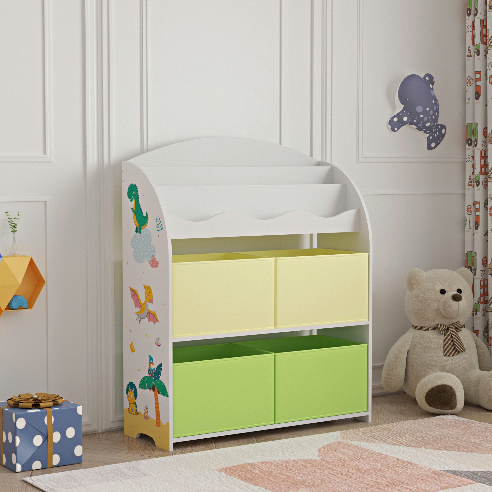 en.casa Kinderregal, »Orust« mit Dinosaurier-Motiv Weiß/Grün/Gelb günstig online kaufen