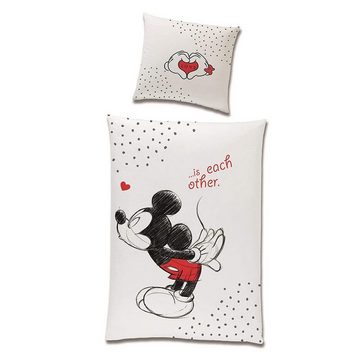 Partnerbettwäsche Mickey & Minnie Mouse "In Love" 135x200 80x80 cm aus 100% Baumwolle, Familando, Renforcé, 2 teilig, mit Liebesspruch über zwei Seiten