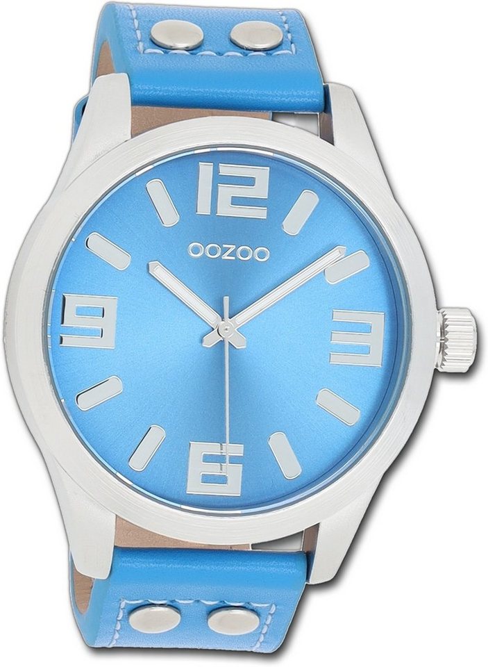 OOZOO Quarzuhr Oozoo Damen Armbanduhr Timepieces, Damenuhr Lederarmband  blau, rundes Gehäuse, extra groß (ca. 46mm)