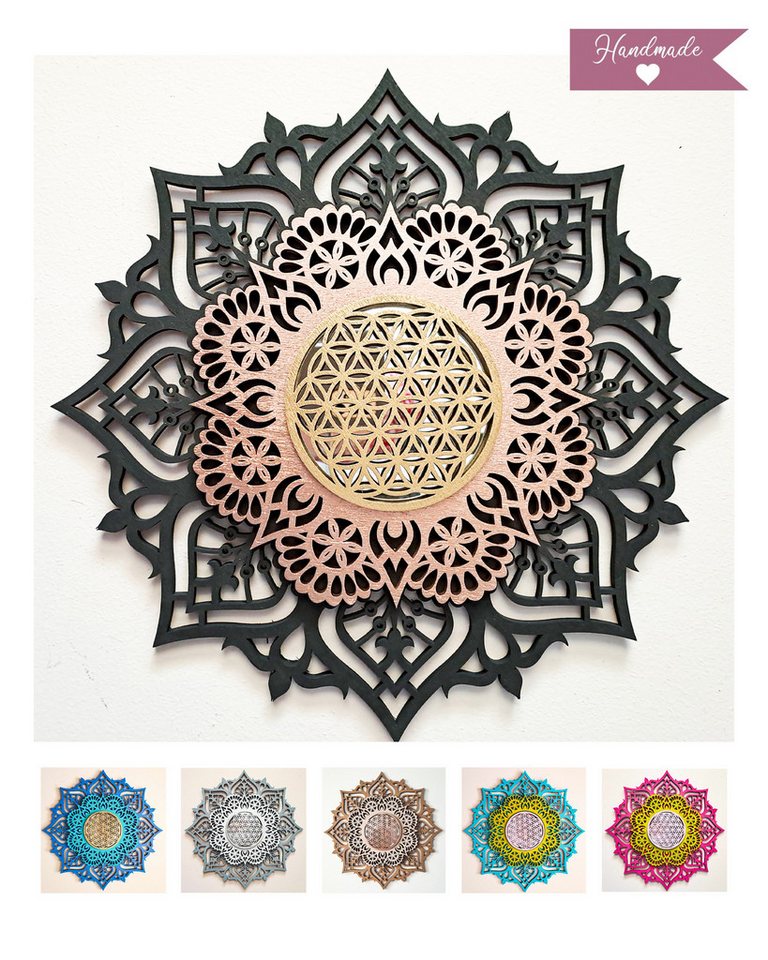 ORNAMENTI Wanddekoobjekt 3D MANDALA, Grosse moderne boho Wanddeko, Holz, 3 Schichten, Spiegel (moderne Deko Anhanger, Yoga Wandsculptur, Holzbild, stilvolle Wanddekoration, Wandpaneel, Ornament, geschnitz Wandrelief), Verzierung fur Zuhause, Wohnzimmer, S
