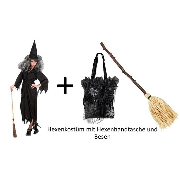 Scherzwelt Hexen-Kostüm Kostüm Hexe schwarz - Gr. S - 3XL - Hexenkostüm Hexen Verkleidung mit Besen und Handtasche