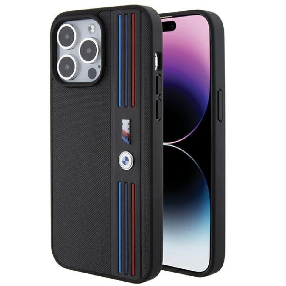 BMW Handyhülle iPhone 15 Pro Max Tricolor Kunststoff schwarz Logo Metall. 6,7 Zoll, Kantenschutz