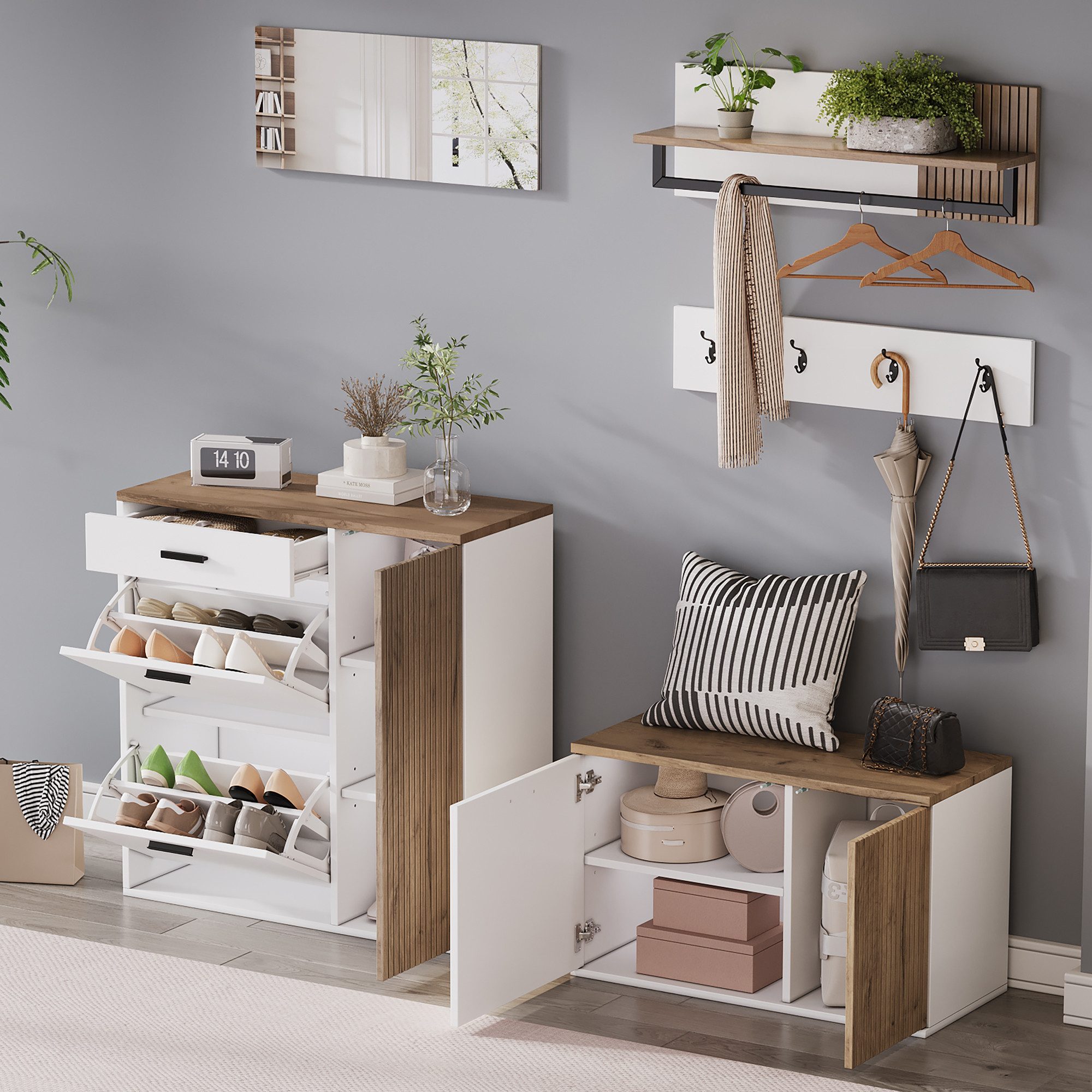 Merax Garderoben-Set 5-teilig Garderobenschrank in Holz und Schwarz/Weiß, (5-St., Eingangsbereich-Schrank Flurmöbel), mit Schuhschrank,Kommode,Spiegel, Hutablage,Garderobenpaneel mit Haken