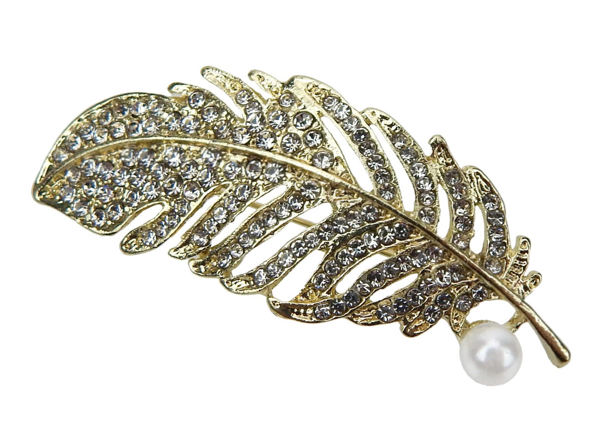 Ella Jonte Brosche, Elegante Feder-Brosche mit funkelnden Strasssteinen und Perle