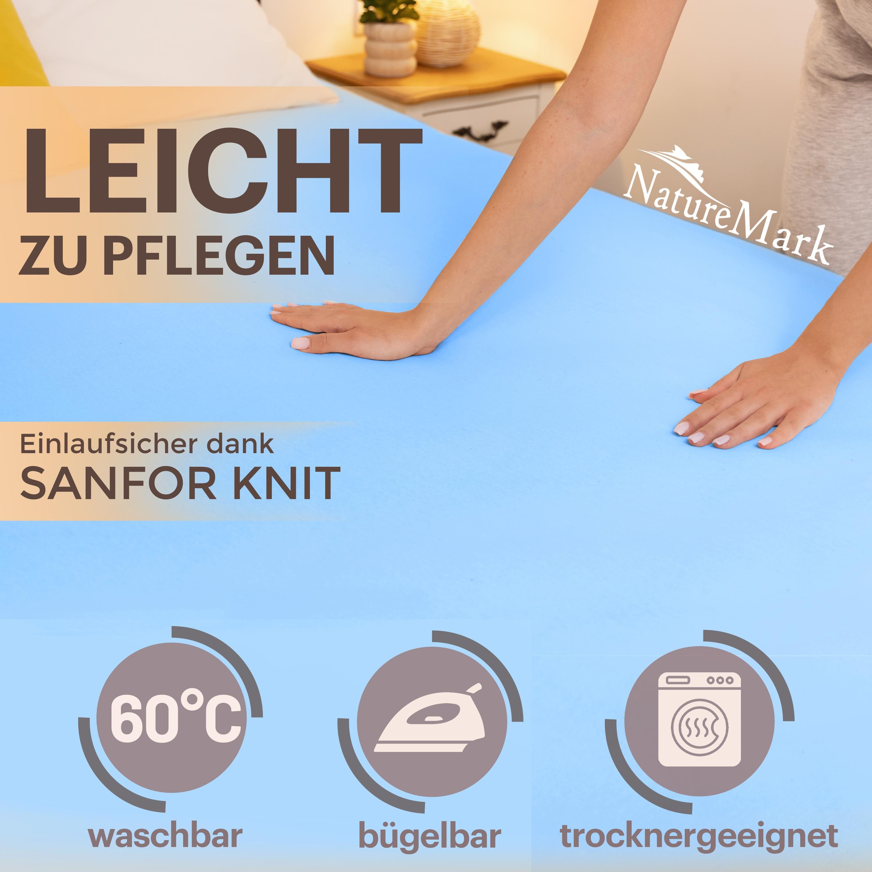 NatureMark Spannbettlaken Boxspringbett Spannbetttuch 200x220cm, Baumwolle, Gummizug: rundum, (1 Stück), 40 cm Steghöhe - 200 x 220cm Spannbetttuch, Hell blau – Bild 3 von 5