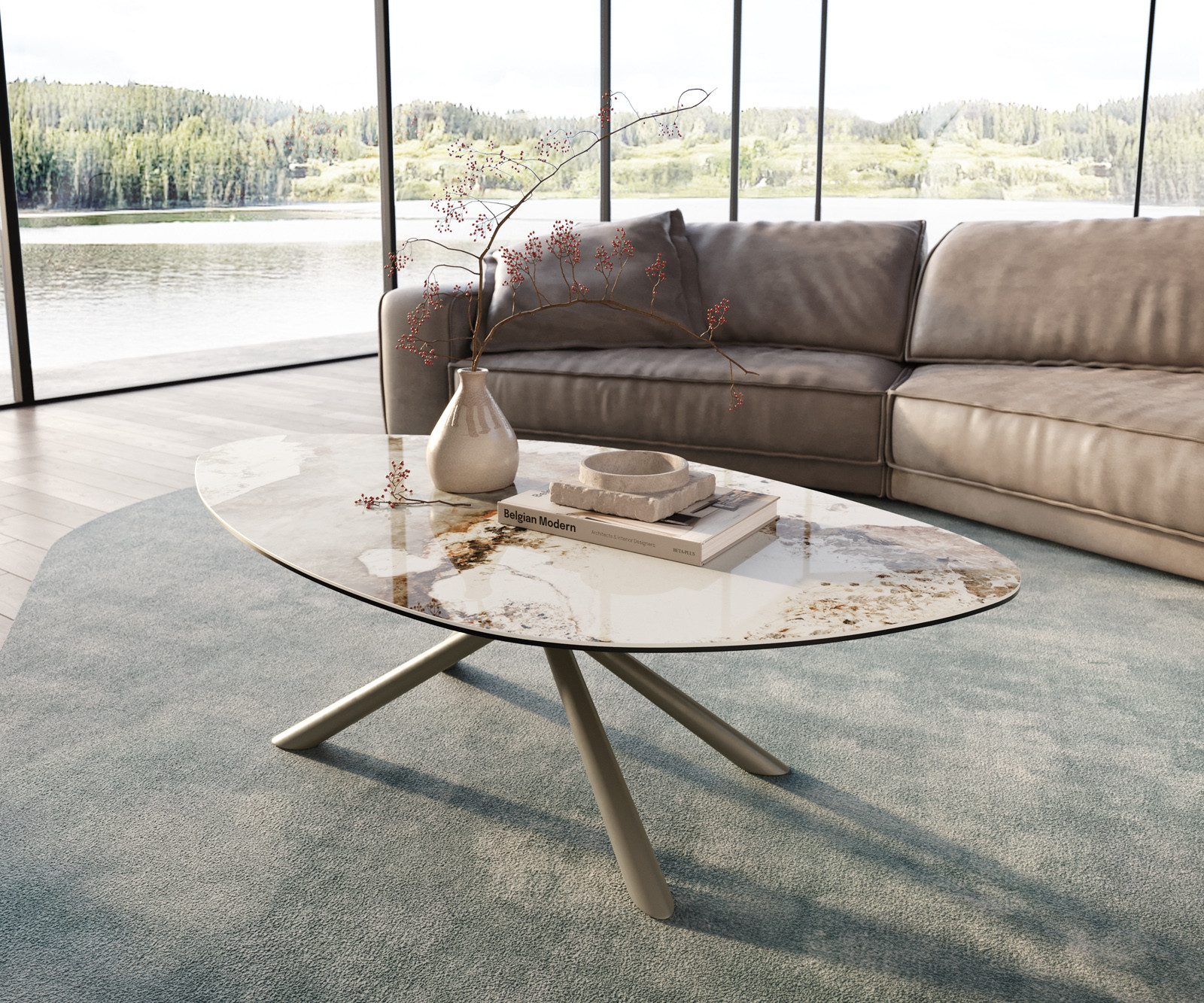 DELIFE Couchtisch Edge, Organisch 140x76 cm Keramik Minas Melange Sarity Metall Effektfinish T