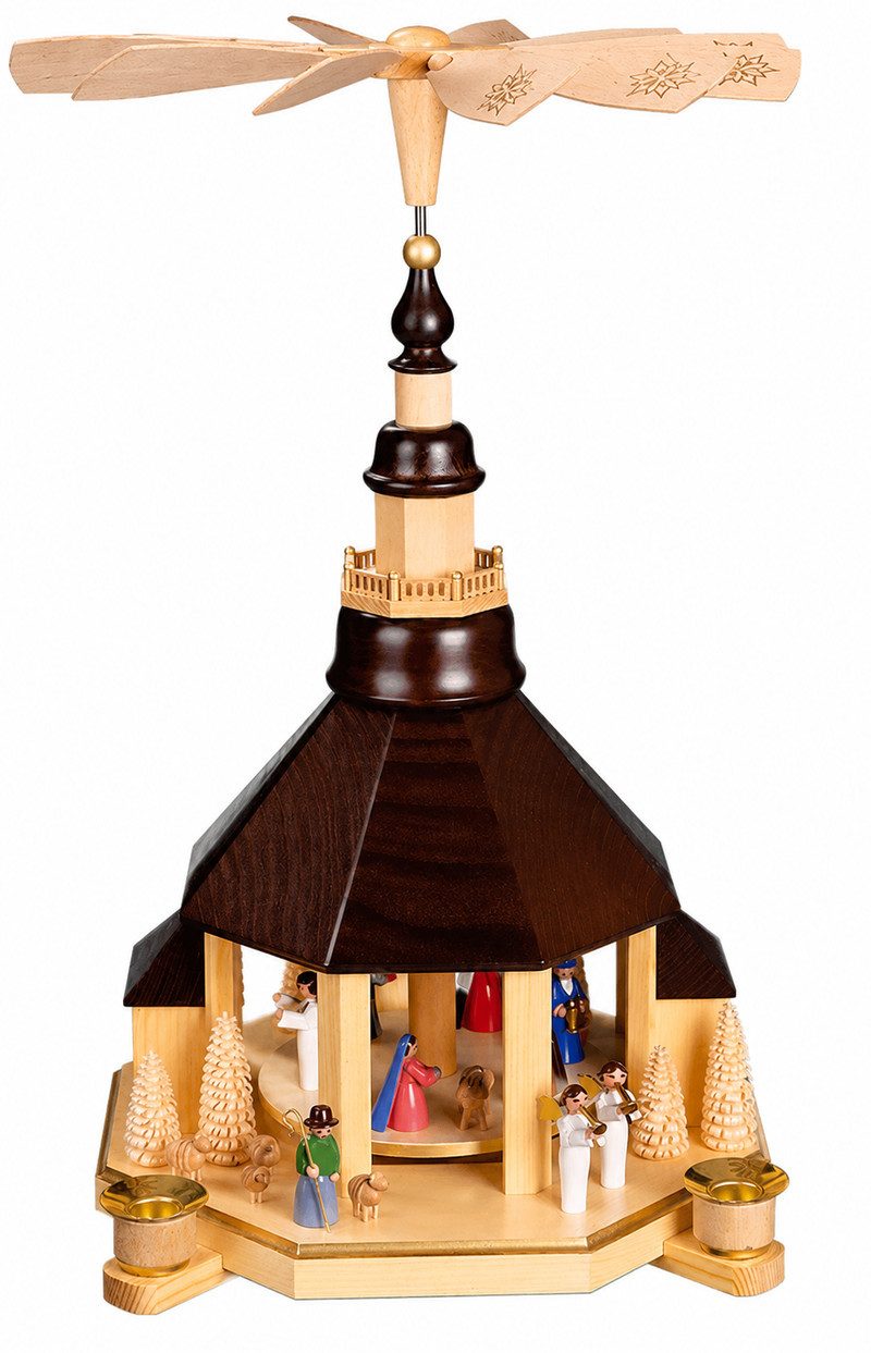 Richard Glaesser Weihnachtspyramide Seiffener Kirche mit Heiliger Familie, Christi Geburt, Handwerkskunst aus dem Erzgebirge