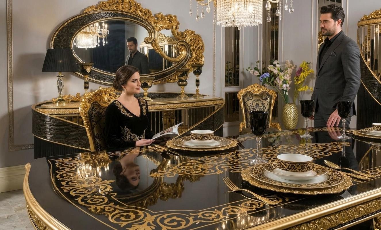 JVmoebel Esszimmer-Set Elegantes Esszimmer-Set in Schwarz, Holz und Glas, (Set, Esszimmer-Sets 9-teilig), Fronten in Hochglanz, Verziertes Design, Handgefertigt