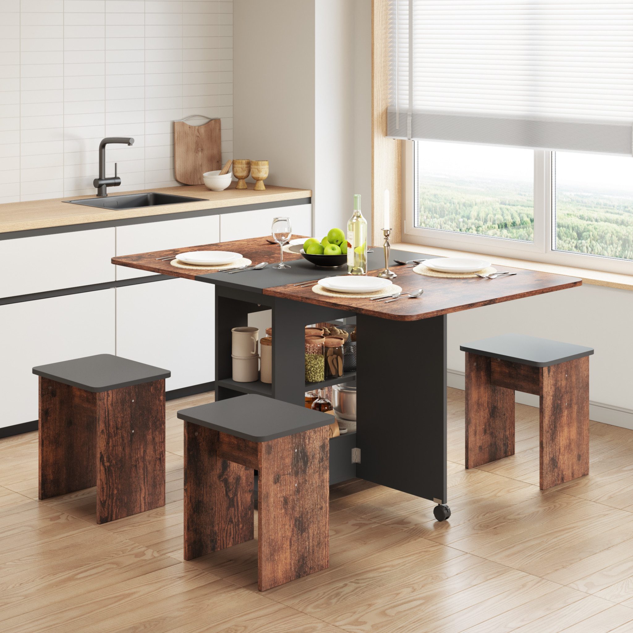 Mondeer Essgruppe Esstisch mit 4 Hockern, Platzsparend, 3-in-1-Funktion, Ro günstig online kaufen