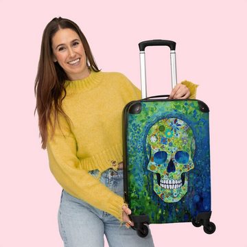 NoBoringSuitcases.com© Handgepäckkoffer Totenkopf - Blumen - Farbe - Grün - Blau - Totenkopf - Totenkopf 55x35, 4 Rollen, Koffer mit 4 rollen, Erwachsenen trolley, Reisekoffer