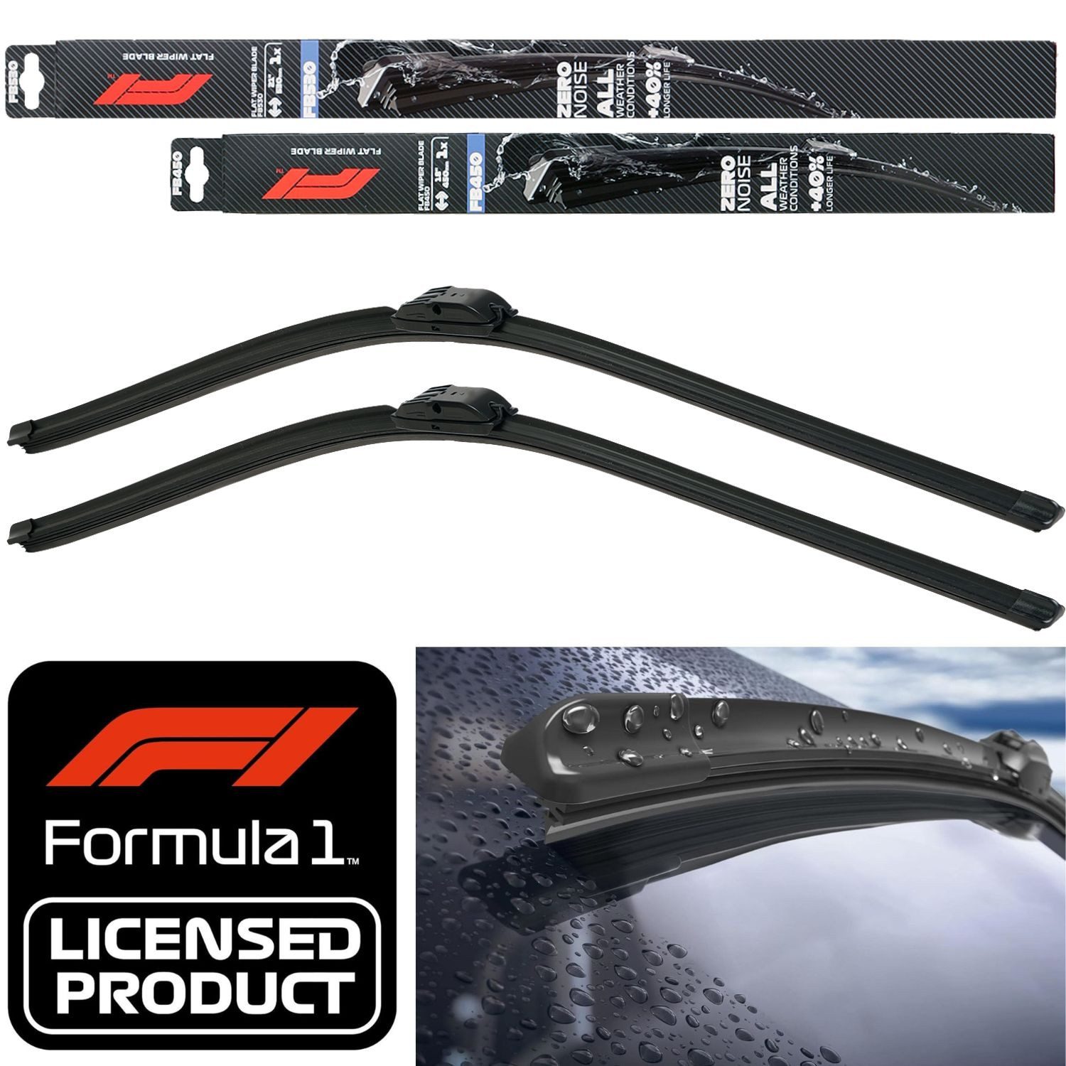 Formula 1 Scheibenwischblätter Set F1 Wischerblatt 530mm + 450mm Scheibenwischer, vorne, (Packung, 2-St), Set Flachbalkenwischer Spoiler Multi Adapter-System Fahrer Beifahrer