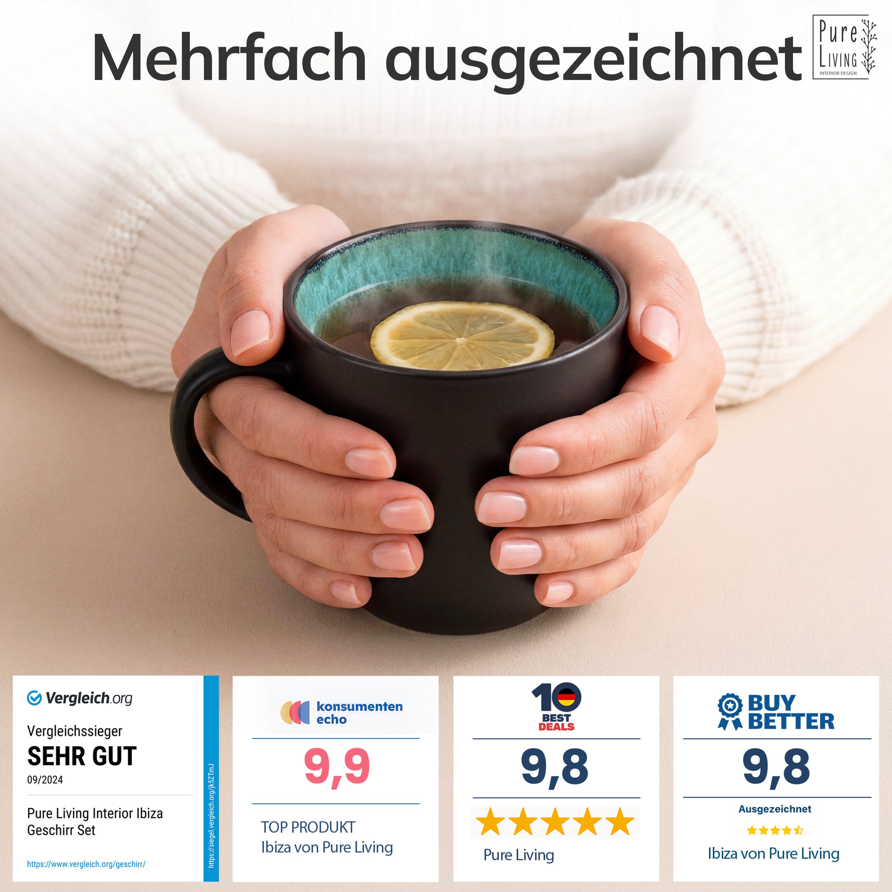 PURE LIVING INTERIOR DESIGN Geschirr-Set Pure Living Becher 6er 460ml »Ibiza«, Steingut, Salbeigrün, 6 Personen, Steingut, Mediterrane Handwerksoptik, Reaktive Glasur – jedes Stück einzigartig…