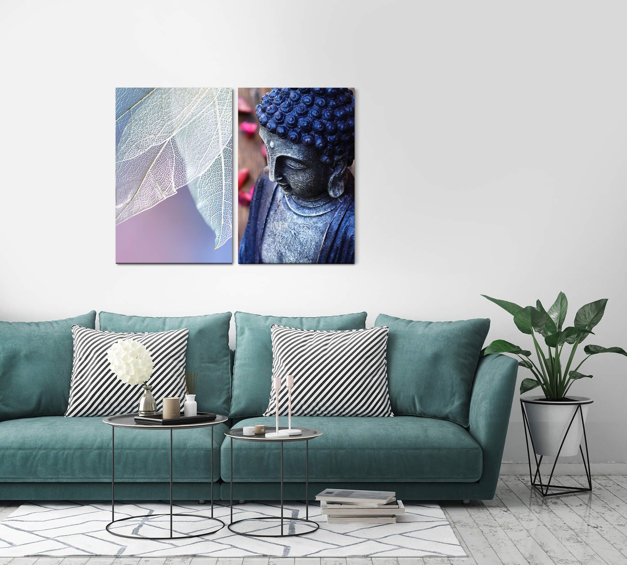 Sinus Art Leinwandbild 2 Bilder je 60x90cm Buddha weiße Blätter Asien Behutsam Meditation Beruhigend Achtsamkeit