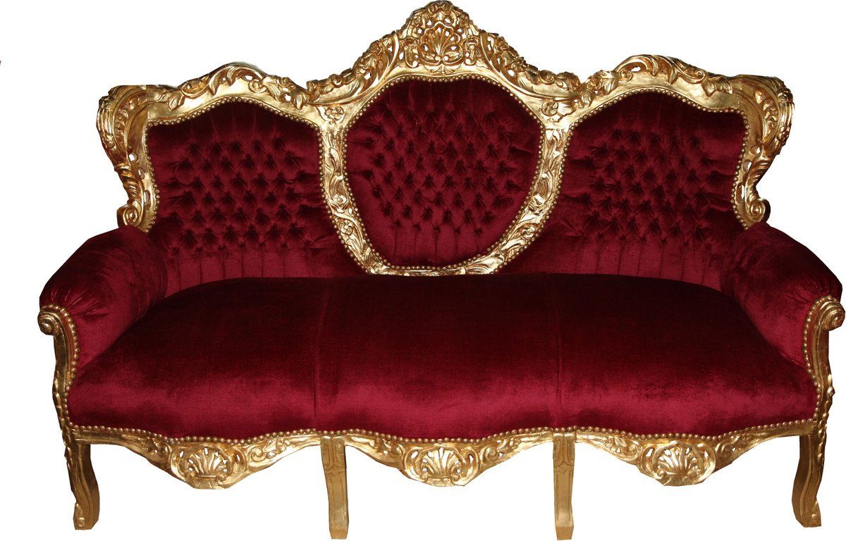 Sofa Rot Barock Mod2 Lounge King - Gold 3er Wohnzimmer 3-Sitzer Bordeaux Couch / Padrino Casa Möbel