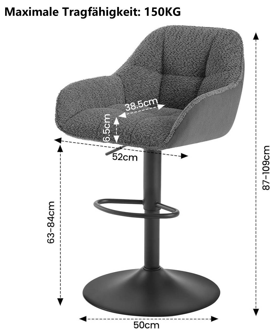 Woltu Barhocker (2 St), höhenverstellbar drehbar, Chenille Cord Metall