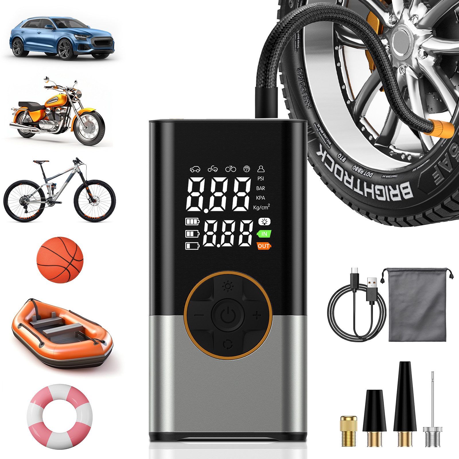 AIBISTAR Fahrradpumpe Akku-Luftpumpe Elektrische Luftpumpe 150PSI 20000RPM Mini Kompressor (Packung, 7-tlg., Mini Kompressor,luftpumpe für fahrrad), 6000 mAh,3-in-1 LED Beleuchtung,Powerbank Funktion