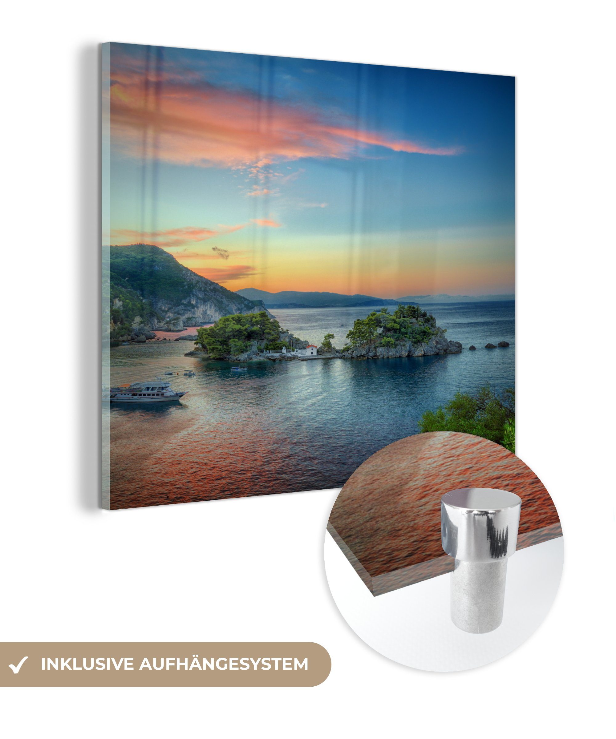 MuchoWow Acrylglasbild Sonnenaufgang auf einer Insel in Parga, (1 St), Glasbilder - Bilder auf Glas Wandbild - Foto auf Glas - Wanddekoration