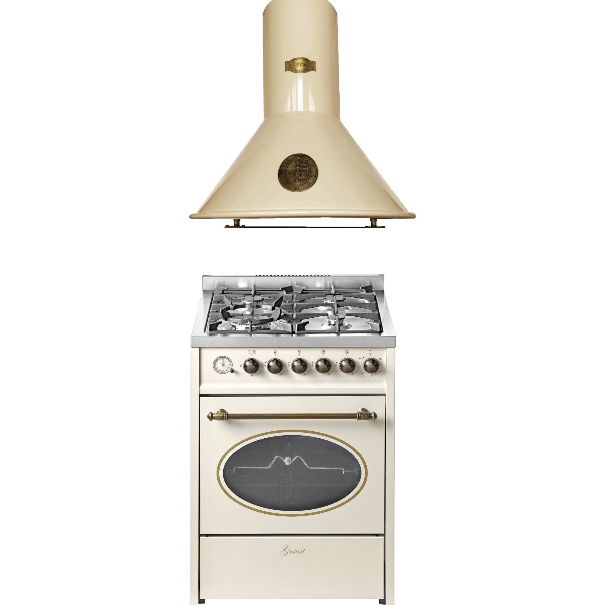 GURARI Gas-Standherd 60 cm Erdgas Fl.Gas 4 Kw WOK Gasgrill+Dunstabzugshaube 60 cm mit Metallelementen, Elfenbein, 910 m³/h GCH G 614 CR+A 6423 ElfBE ECO, mit 1-fach-Teleskopauszug, Gas-Standherd 60 cm+Dunstabzugshaube 60 cm