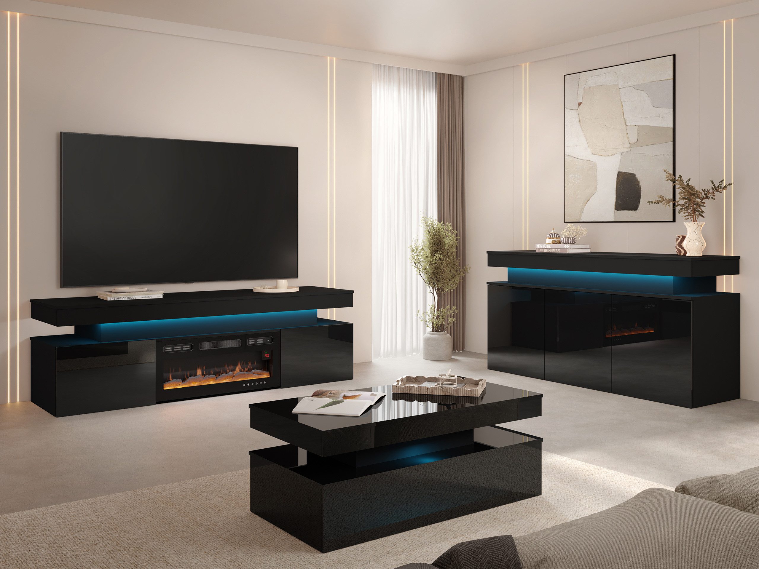 MIRJAN24 Wohnzimmer-Set Glossa II, (3er-Set, Kommode, TV-Lowboard mit Kamin, Couchtisch), mit blauer LED-Beleuchtung