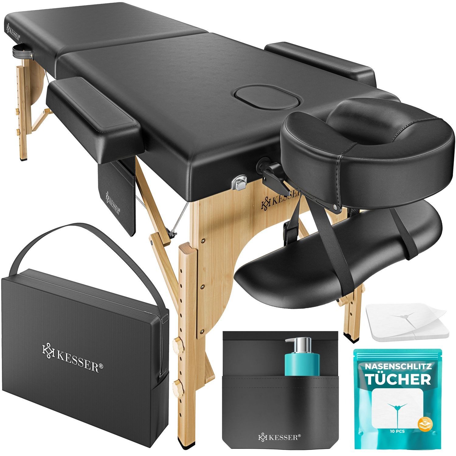 KESSER Massageliege 2 Zonen Massagetisch mit Holz-Füßen 180x80x62-90 cm (Mobile Kosmetikliege inklusive Tragetasche & 10x Tücher), höhenverstellbare & klappbare Massagebett mit Kopfstütze & Armlehnen