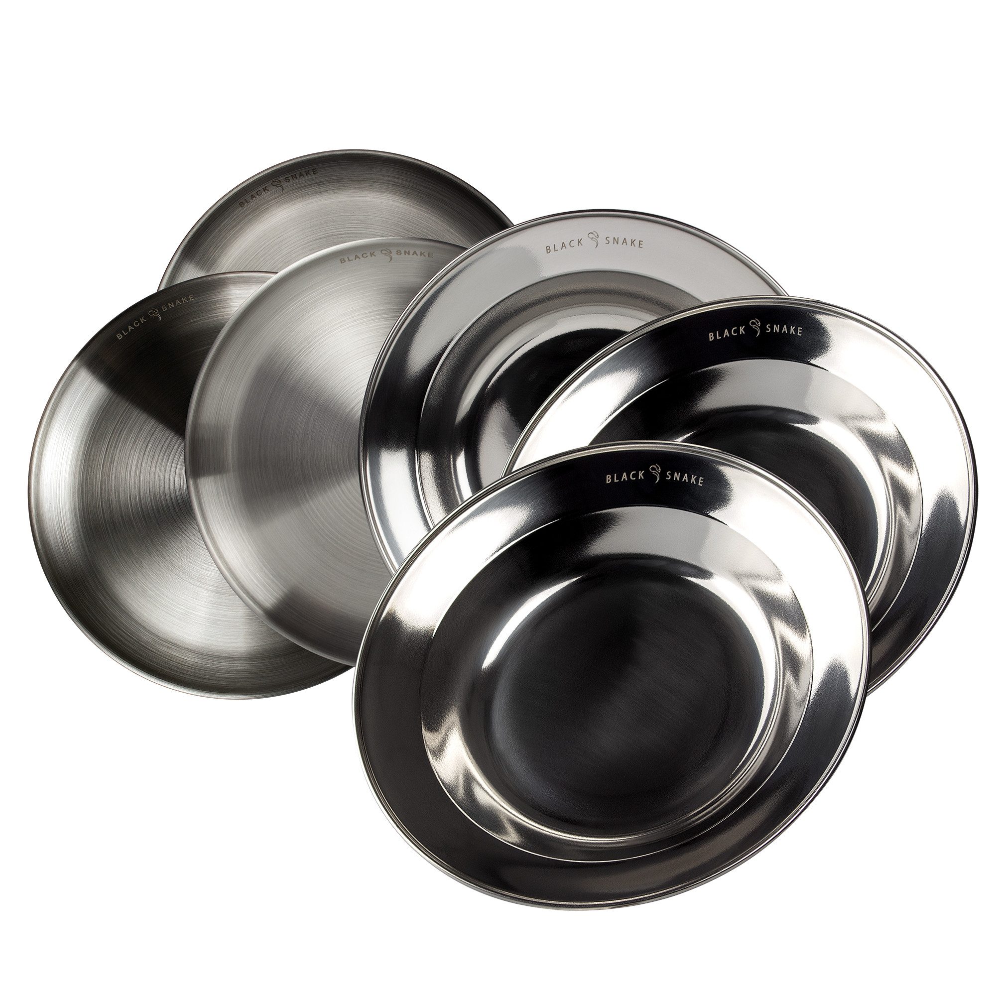 Black Snake Teller-Set Camping Teller Set Edelstahl flach und tief Outdoor (6-tlg), Edelstahl, Robuste Edelstahlteller für Camping und Outdoor