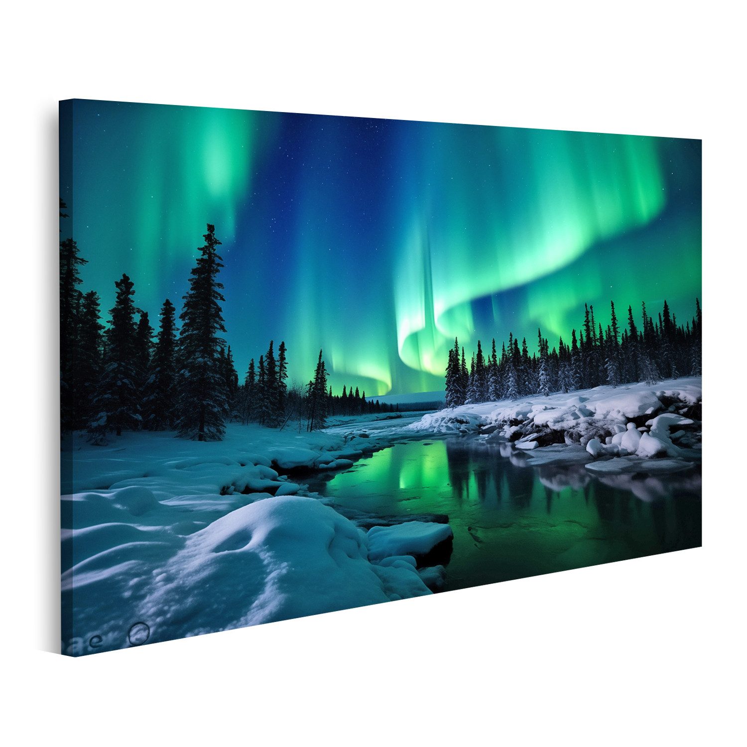 islandburner Leinwandbild Nordlicht Über Verschneiten Wald Fluss Aurora Borealis Nacht Bilder