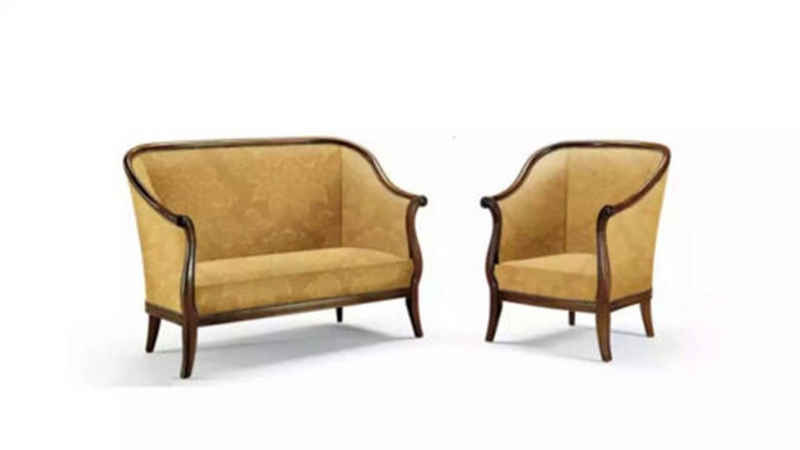 JVmoebel Wohnzimmer-Set Klassischer Wohnzimmer Set 2 Sitzer Sessel Gelb Italienische Stil, (2-St., Sofa 2 Sitzer + Sessel), Made in Italy