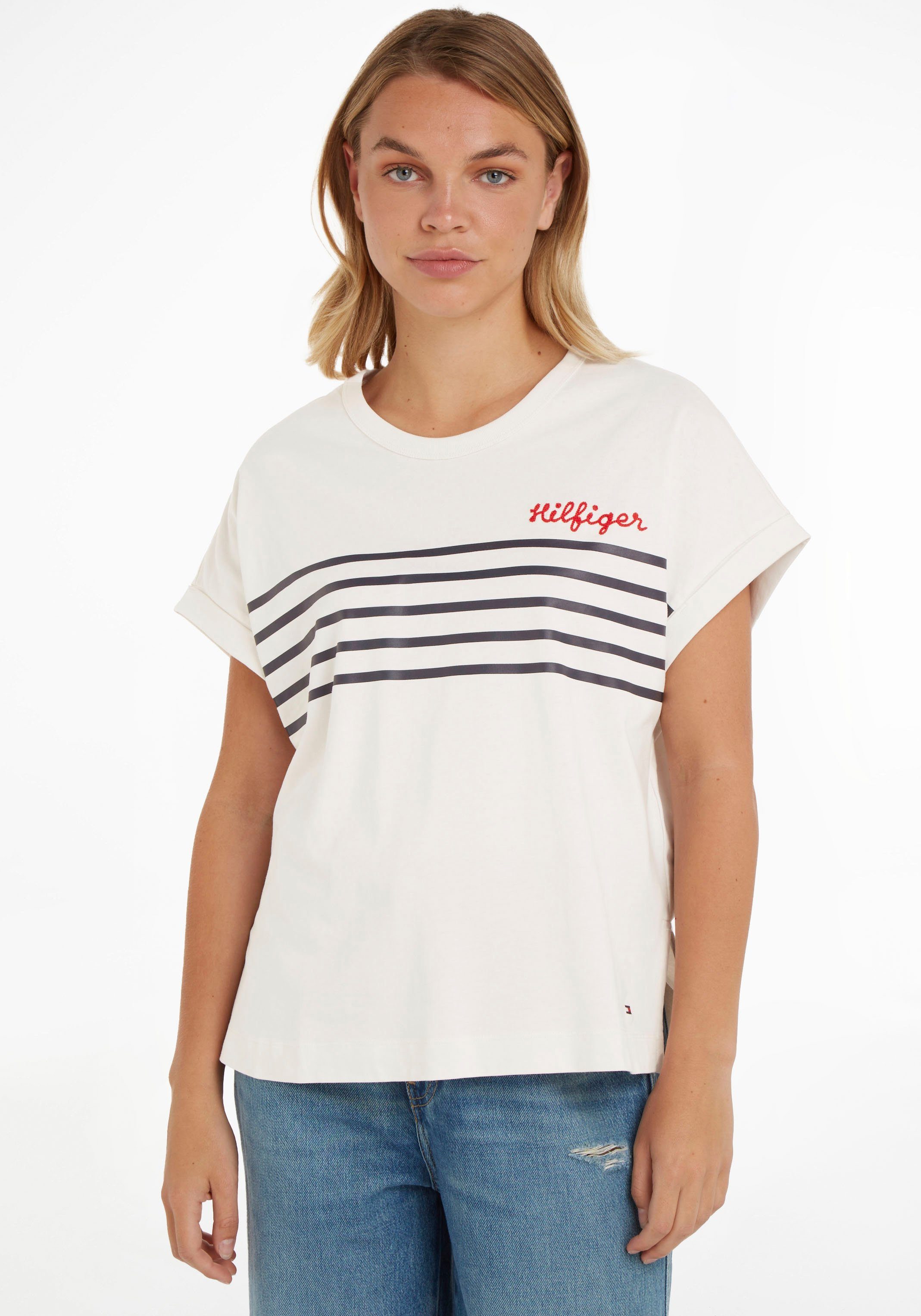 Tommy Hilfiger Rundhalsshirt RLX Tommy EMB Sky/ in aufwendigem STRIPE mit Strickoptik Breton Schriftzug (dunkelblau) C-NK W Stp White Desert Hilfiger SS