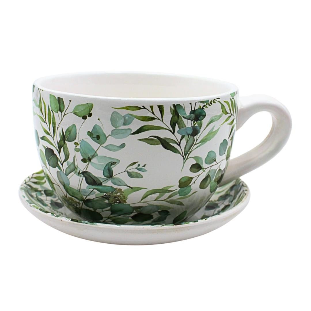 Dekohelden24 Pflanzkübel Pflanztassen in verschiedenen Varianten (1 St), Keramikübertopf in Form einer Tasse mit einzigartigem Rankenmuster