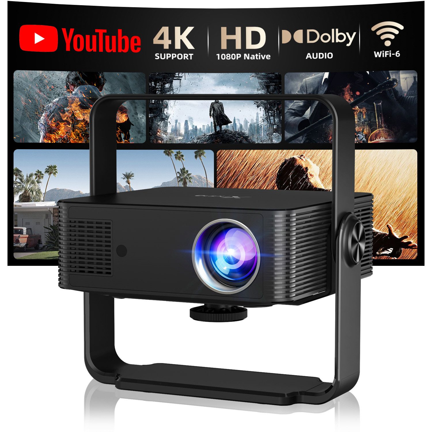 XNANO HM102 Smart Projektor, 300 ANSI, Android 13, WiFi 6, BT5.2 LCD-Beamer (300 lm, 3840 x 2160 px, Full HD 1080P, 4K@30fps Videodekodierung, 360° integrierte Halterung)