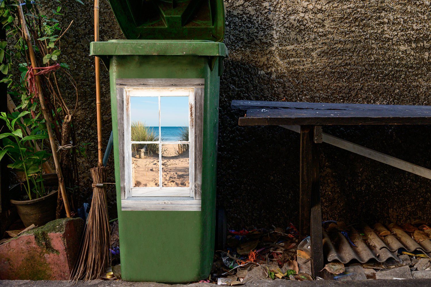 Aussicht Container, Sticker, MuchoWow Mülltonne, (1 - St), Strand Meer Wandsticker - Mülleimer-aufkleber, Abfalbehälter