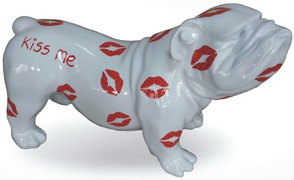 Casa Padrino Skulptur Designer Dekofigur Hund Bulldogge Weiß / Rot 57 x 25 x H. 35 cm - Wetterbeständige Deko Skulptur - Wohnzimmer Deko - Garten Deko - Designer Deko Tierfigur