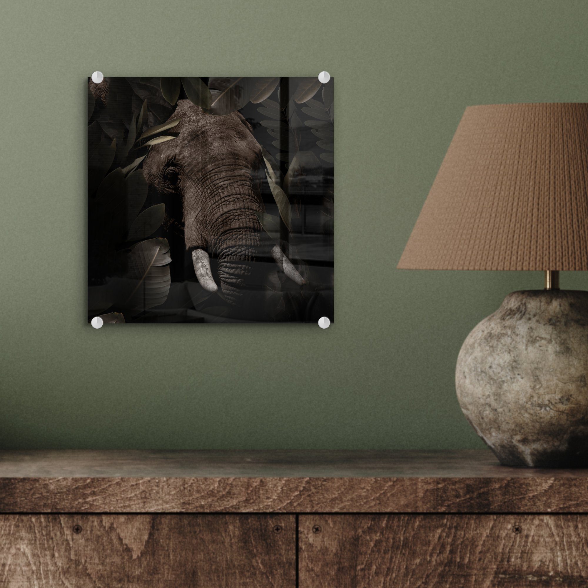 MuchoWow Acrylglasbild Elefant - Wanddekoration - Botanisch, - auf Glasbilder Blätter - Glas Tiere St), Glas (1 Wandbild auf - Bilder - Foto