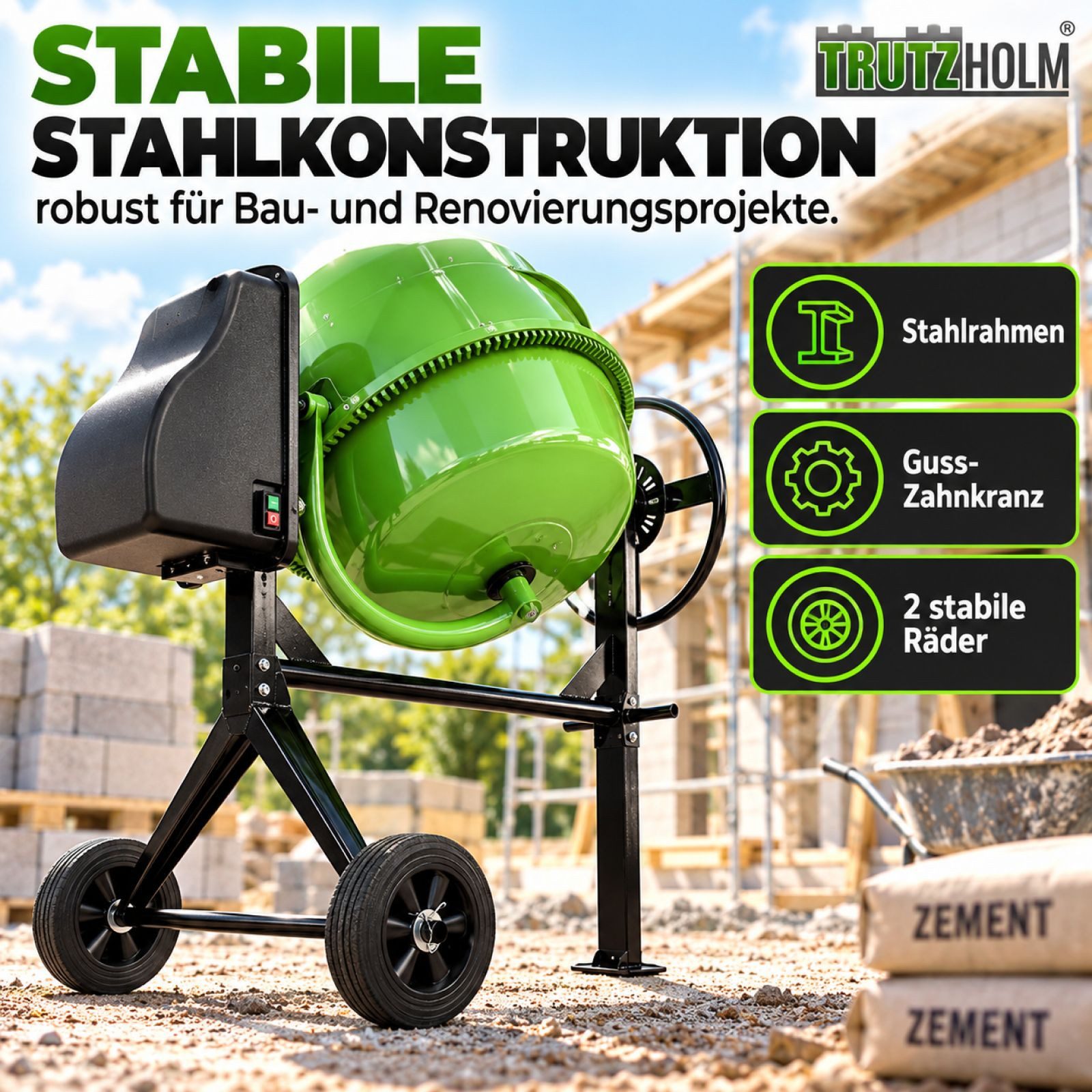 TRUTZHOLM Betonmischer 140 Liter 550 W 30 U/Min Zementmischer für Beton, Mörtel, Gips, (Artikel, 1 St), stabil – Bild 5 von 5