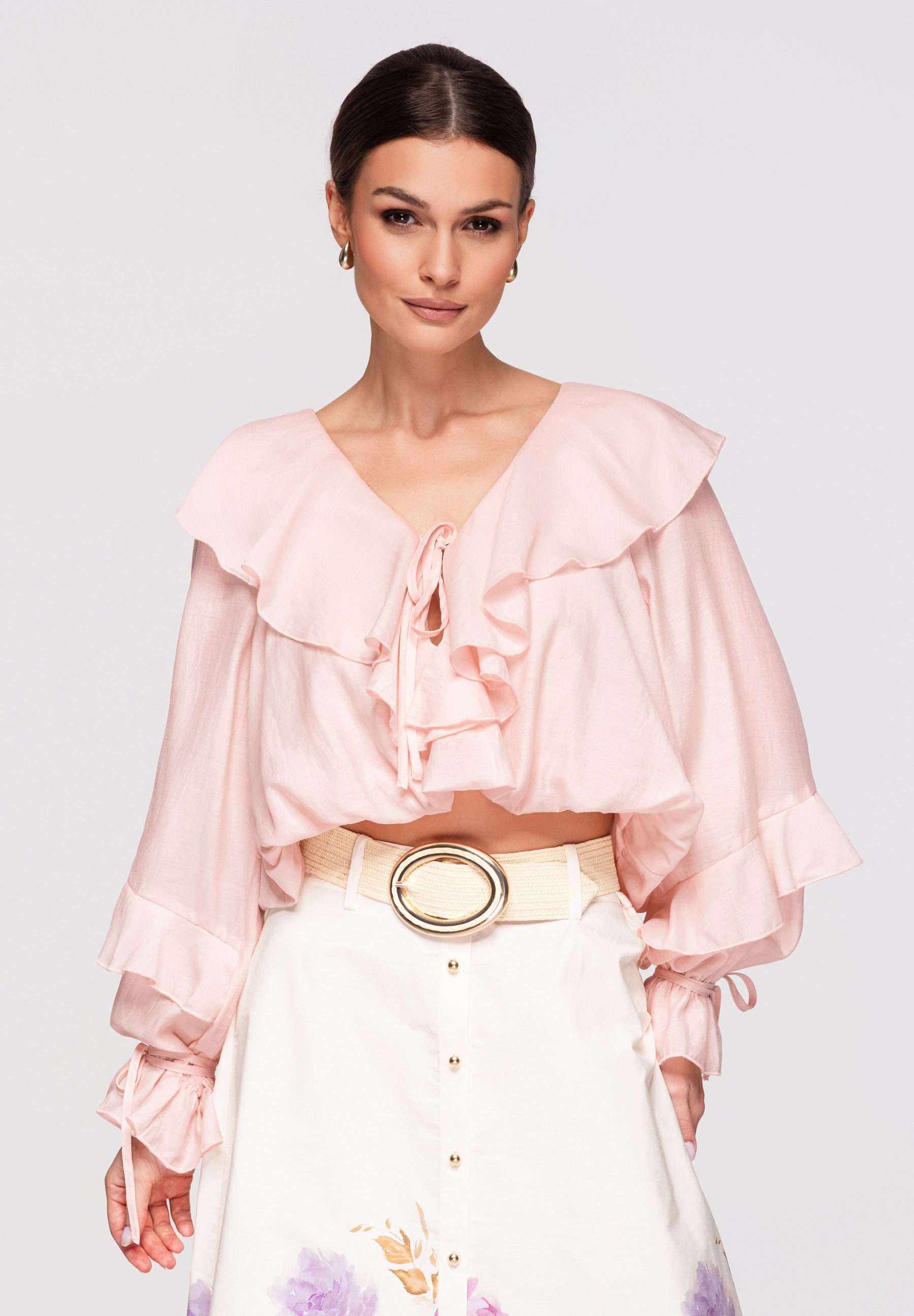 OMBRE Langarmbluse Damen Langarmbluse Volant V-Ausschnitt Elegant Rose L (kein Set, 1-tlg) Volant am Ausschnitt