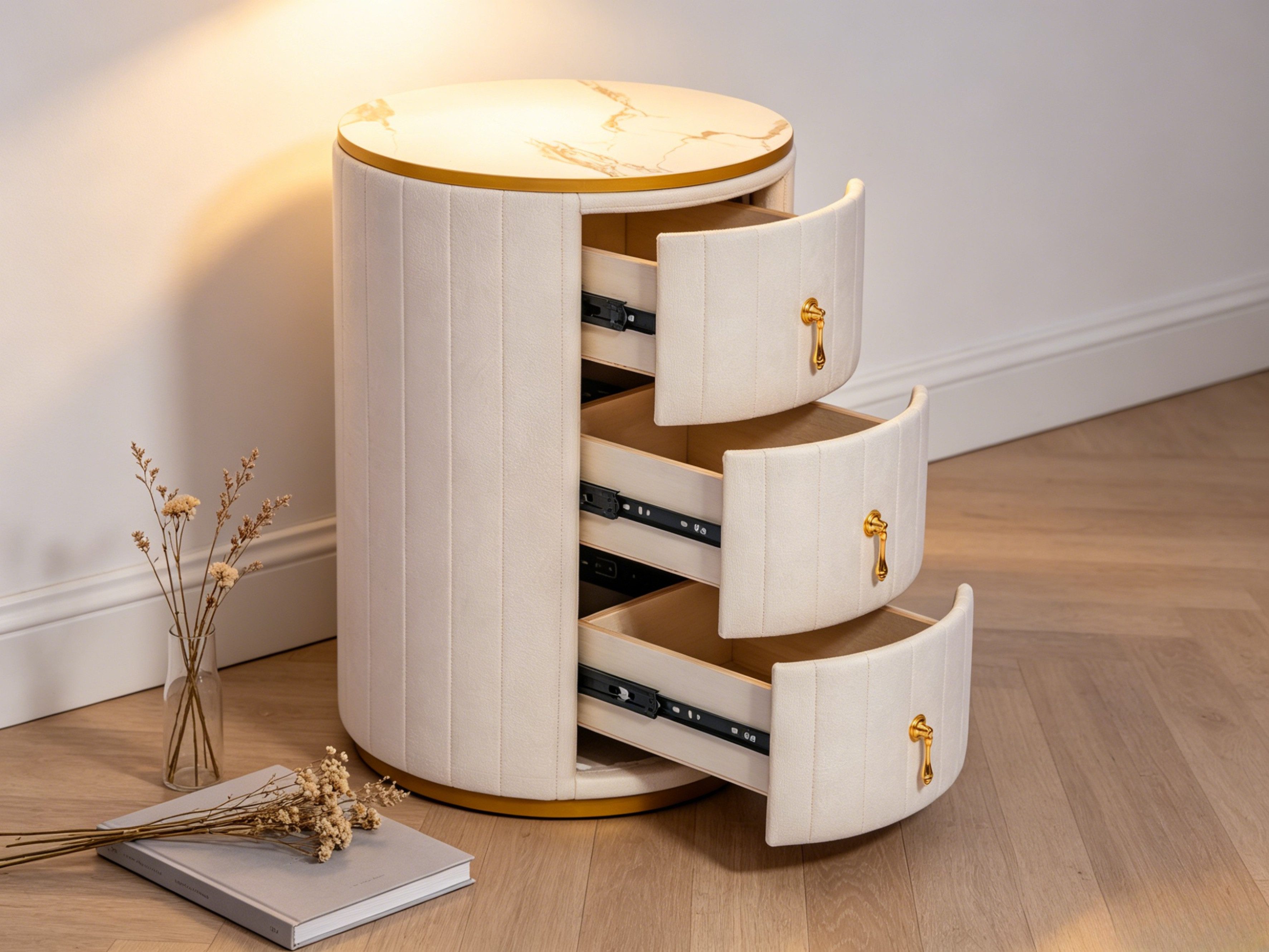 WILLIAMSPACE Nachttisch LUXOR NACHttisch – Ø40cm, Samt, Marmor, Gold, Samtbezug, Marmoroptik,Goldbeschläge