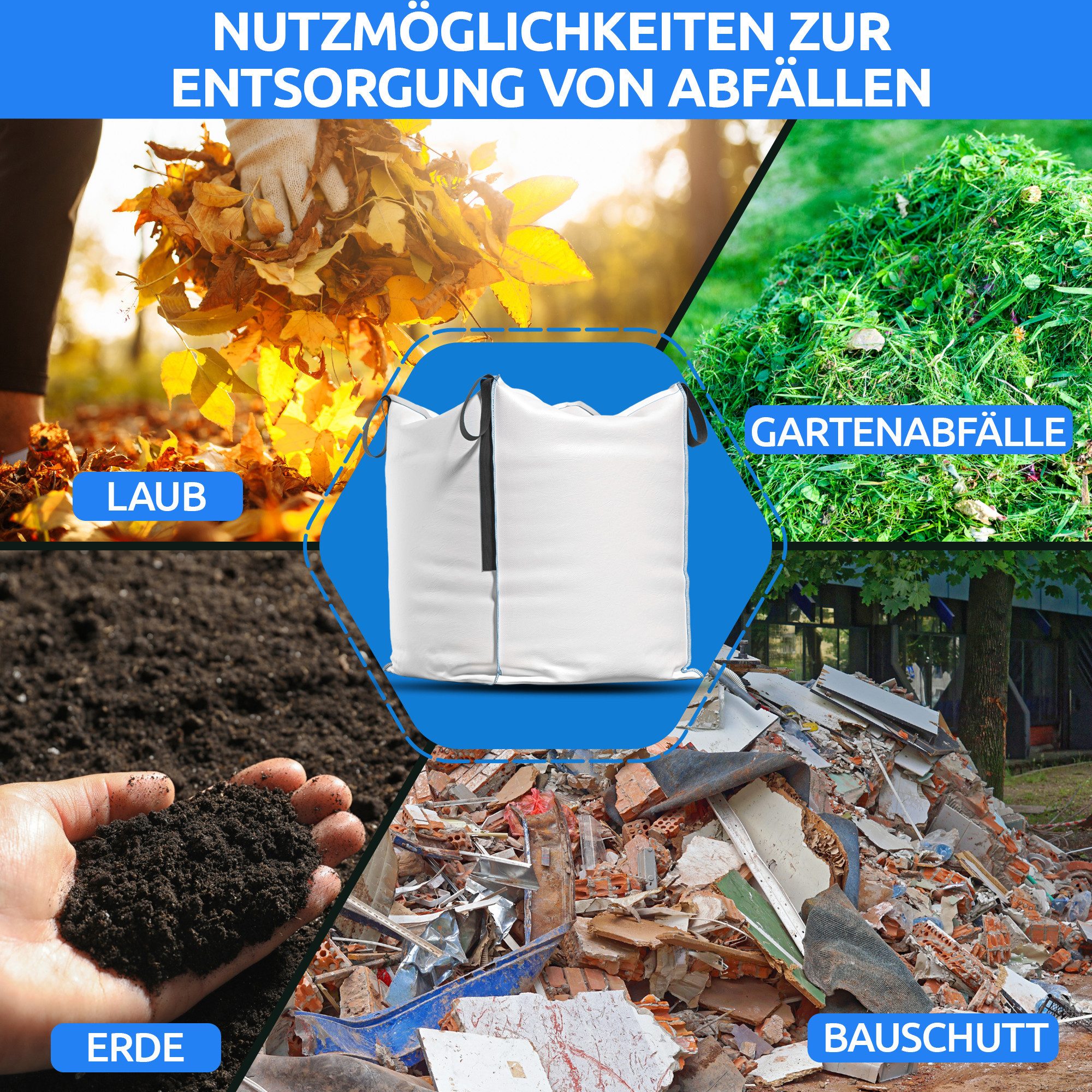 NTG Nutzfahrzeug Technik GmbH Gartensack Big Bag, 4 Schlaufen, Tragfähigkeit von 1000 kg, 90 x 90 x 90cm, 729 l, (18-tlg), Recycelbar, Strapazierfähig, UV Bestä – Bild 3 von 5