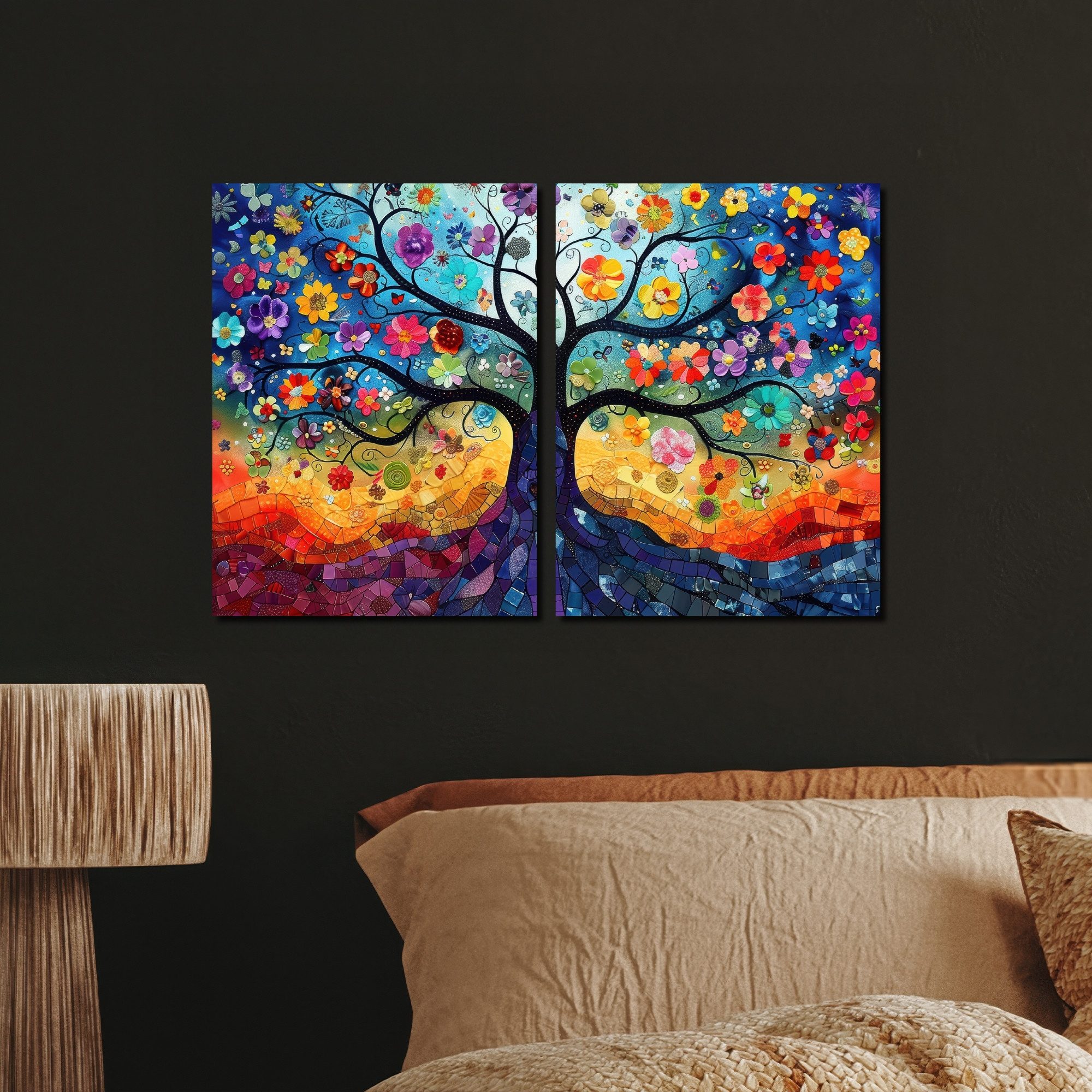 MuchoWow Leinwandbild Bunt - Baum des Lebens - Blumen - Abstrakt, Fotodruck (2 St), Wand Bilder 2 Set, Deko Schlafzimmer Wohnzimmer Flur 60x40 cm