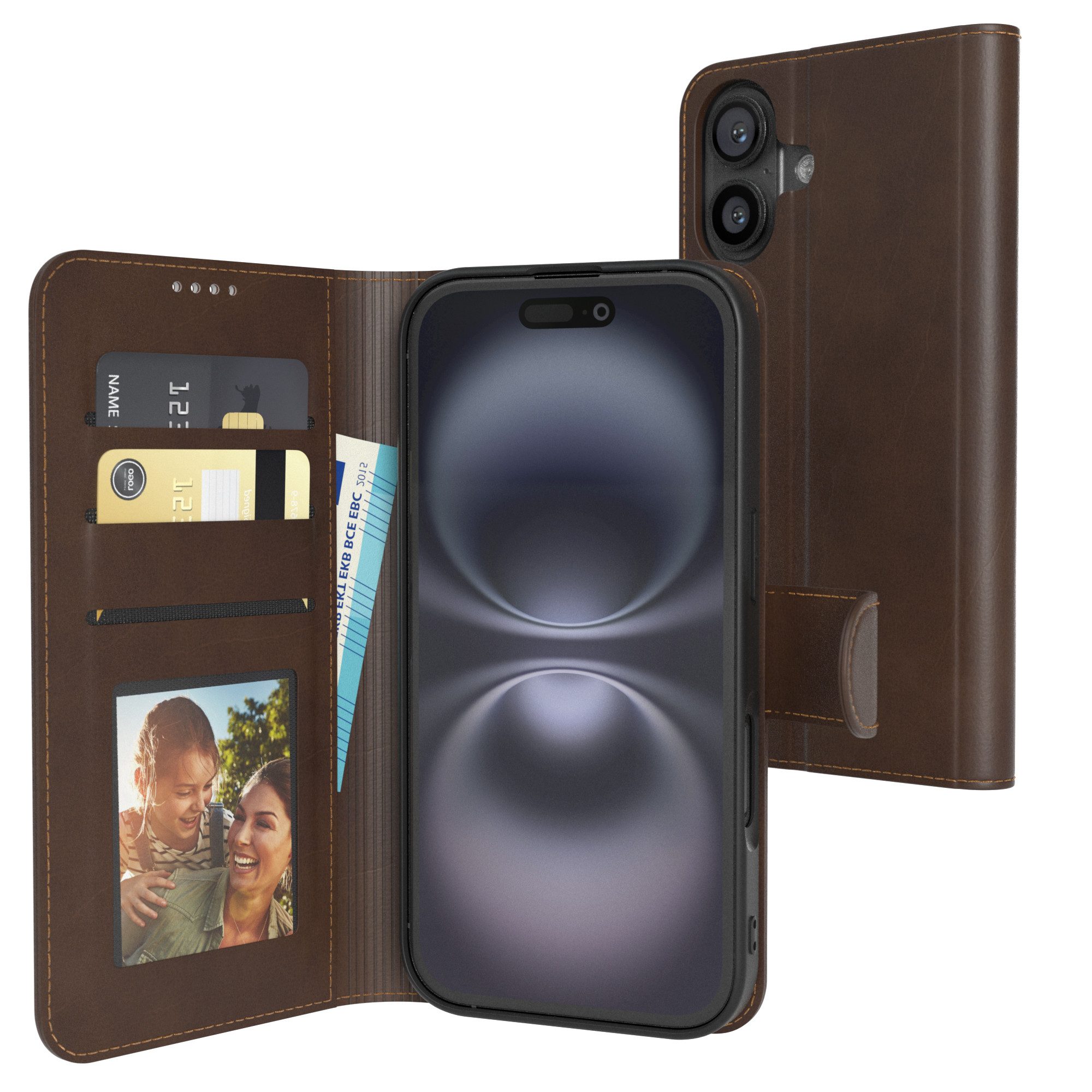 EAZY CASE Handyhülle Business Handytasche Kartenfächer für iPhone 16 6,1 Zoll, Tasche Klapphülle aus Kunstleder Book Cover mit Kartenfächer Braun