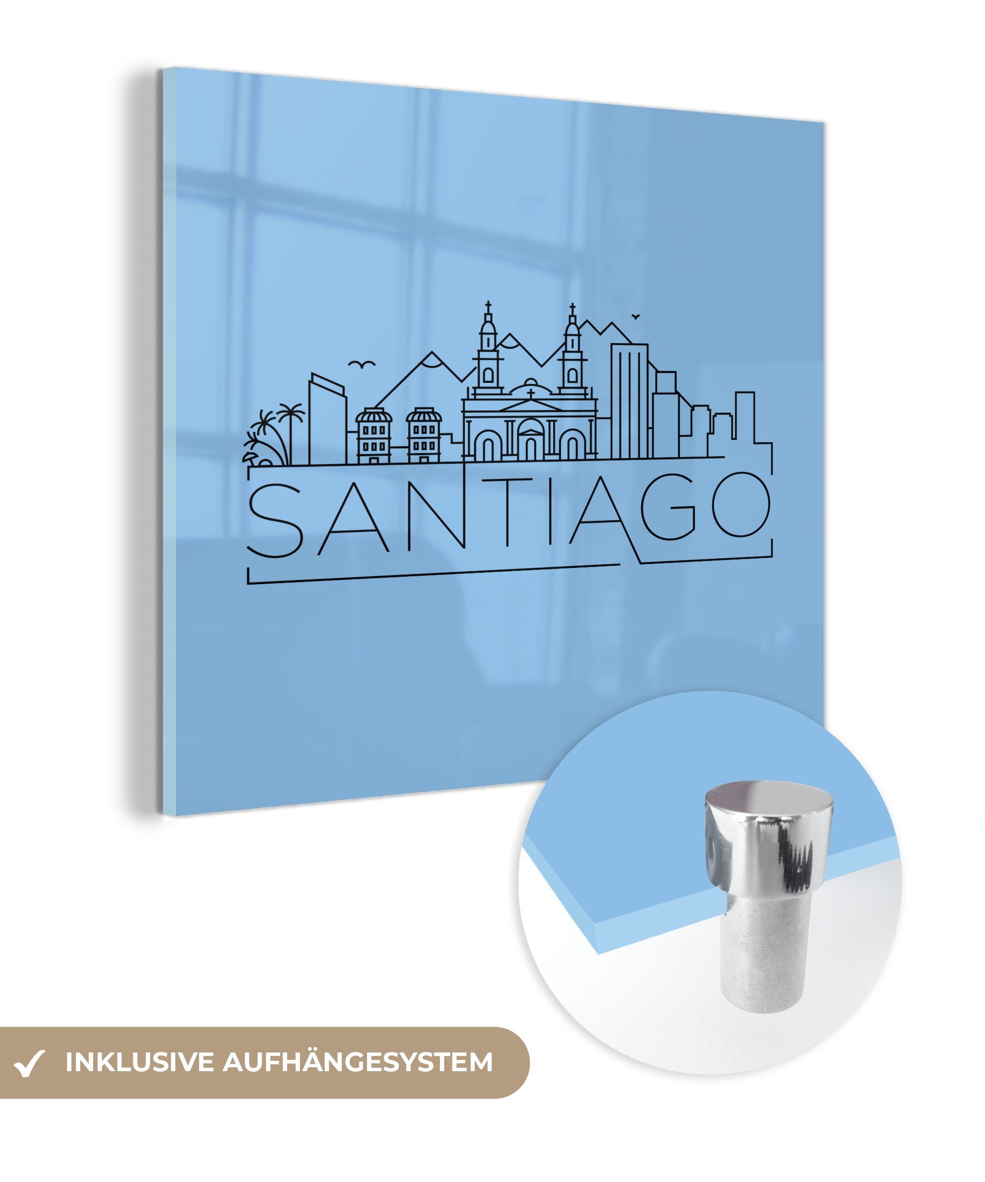 MuchoWow Acrylglasbild Skyline "Santiago" schwarz auf blau, (1 St), Glasbilder - Bilder auf Glas Wandbild - Foto auf Glas - Wanddekoration