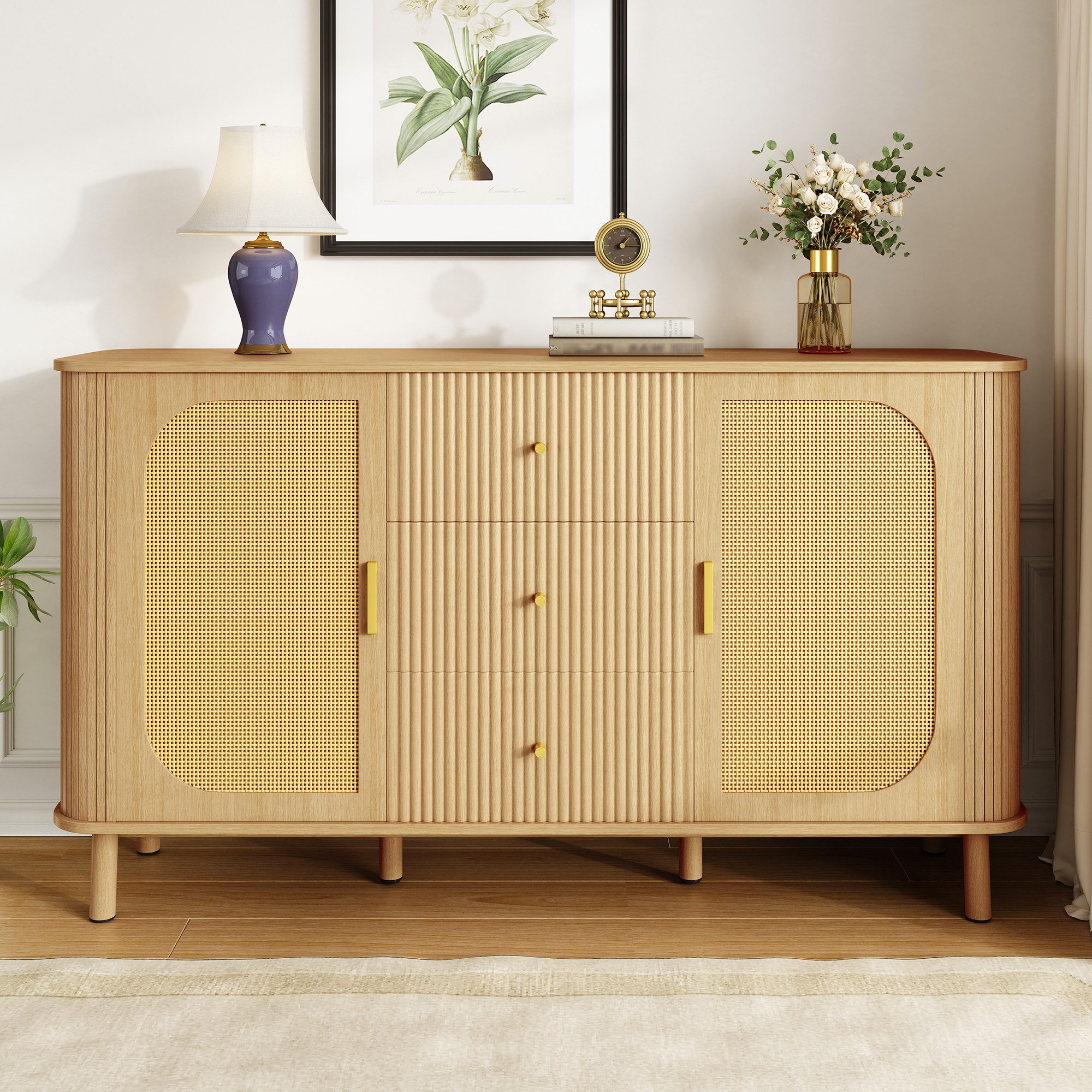 Merax Sideboard mit Metallbeinen in Holzmaserung, Abgerundetes Design (Für günstig online kaufen