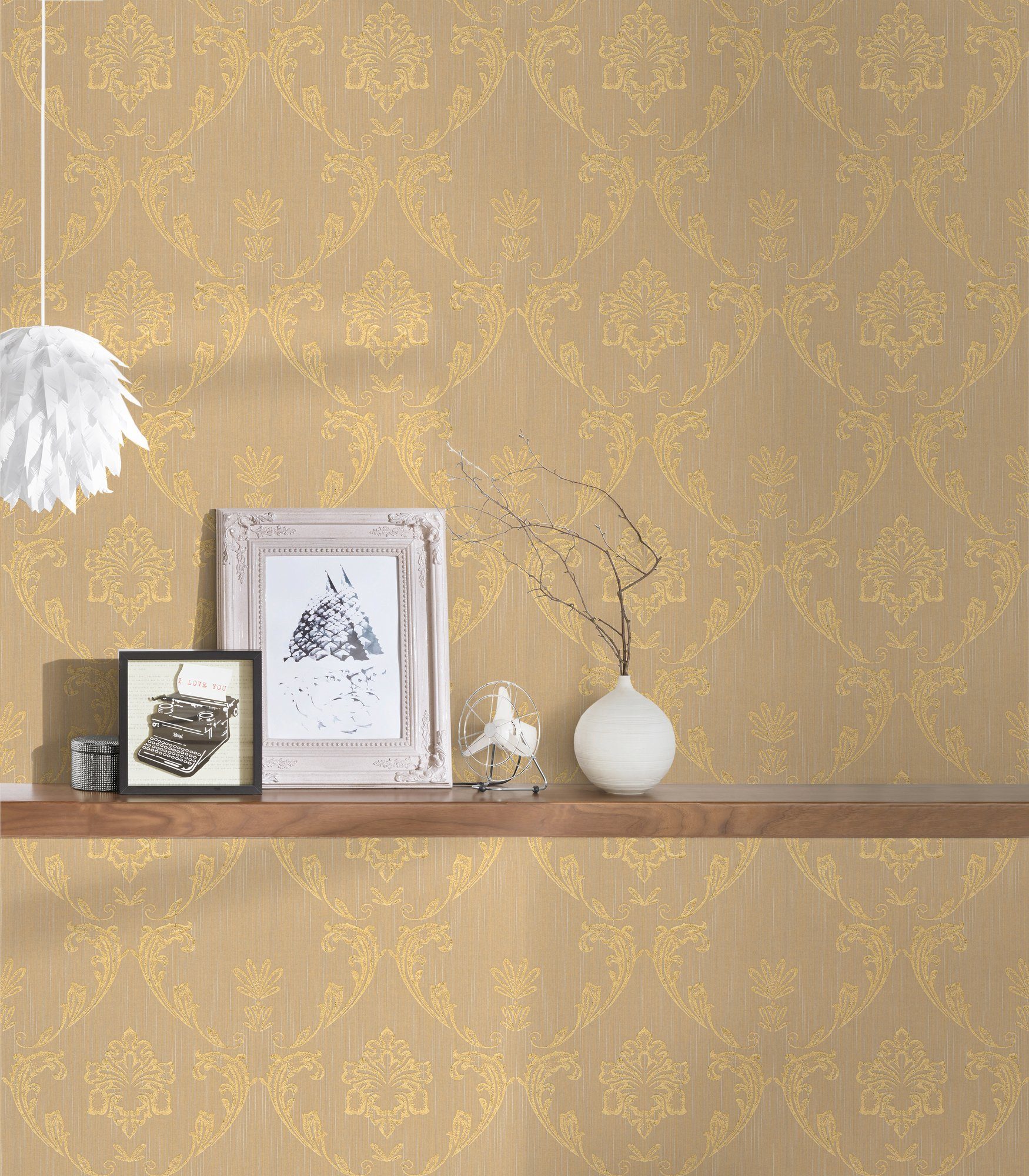 Ornament Barock Paper Textiltapete Barock, Metallic matt, Silk, Architects glänzend, gold/beige samtig, Tapete