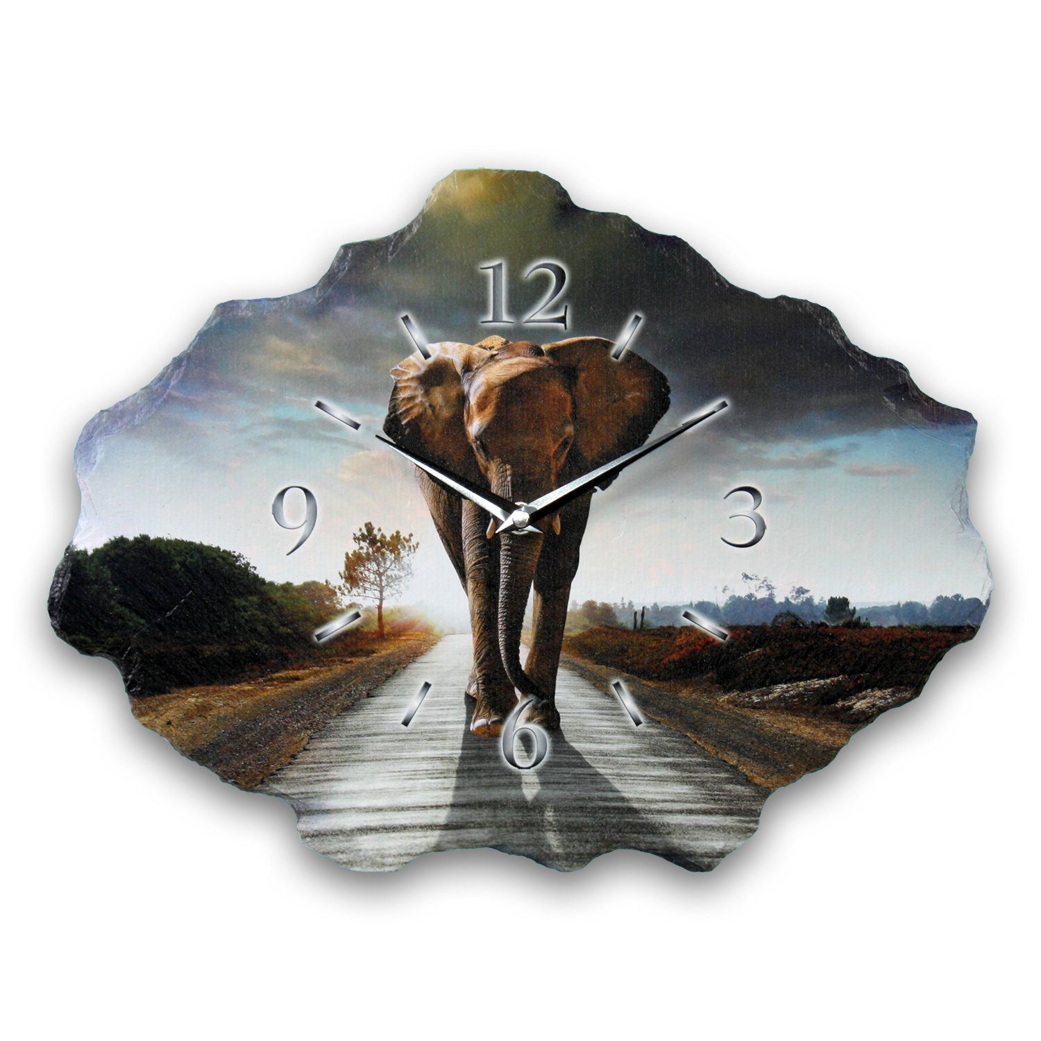 Kreative Feder Wanduhr Design-Wanduhr aus Stein (Beton) „Elefant“ (Funk- oder Quarzuhrwerk; ohne Ticken; elegant, außergewöhnlich, modern)