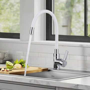 HOMELODY Spültischarmatur Küchenarmatur mit Flexibler Auslauf Wasserhahn Küche 360° drehbar Hochdruck für Einzel/Doppelspülbecken Weiß