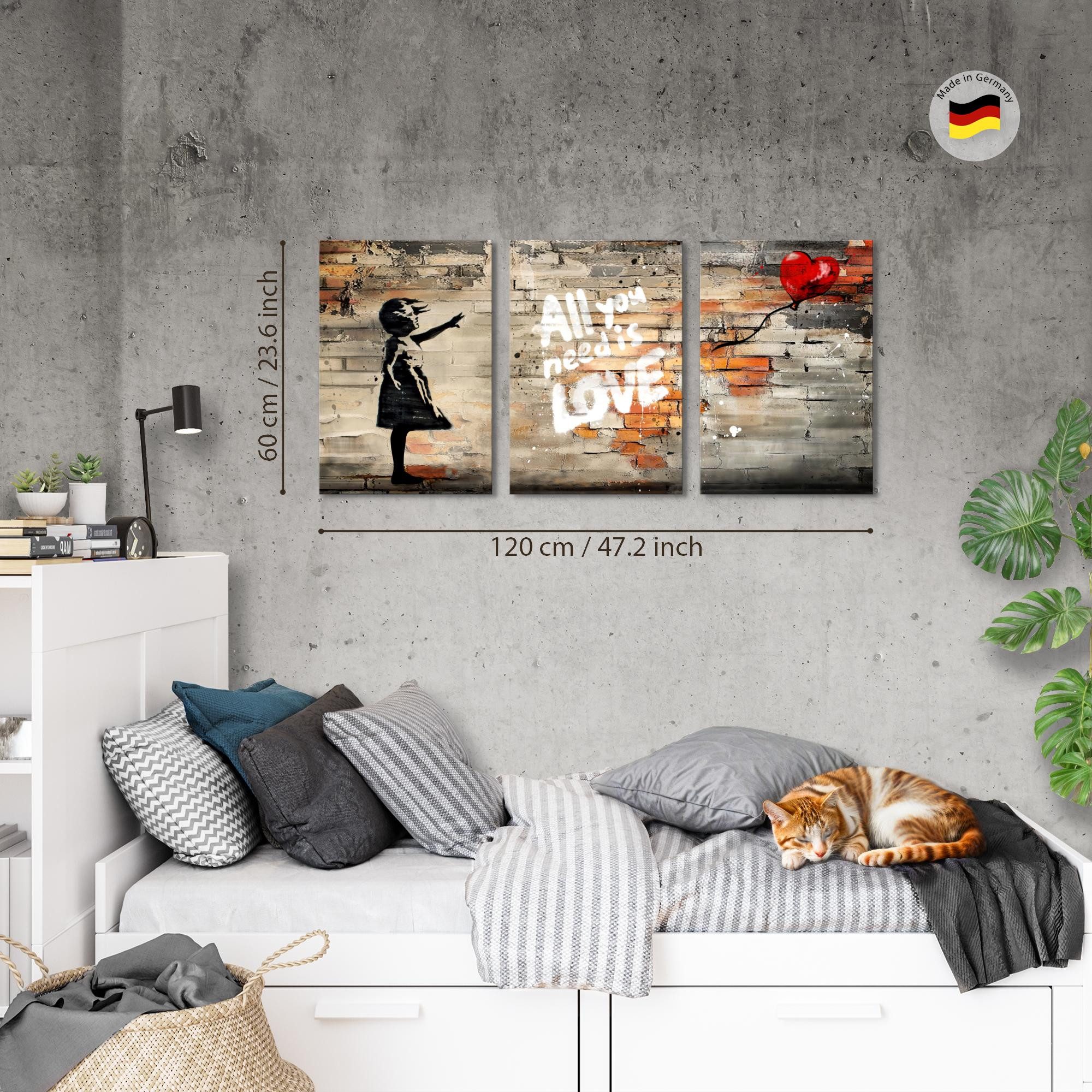 Novart Wandbild Wandbilder Set Banksy Style Collage - 3 Bilder Wohnzimmer Streetart, Balloon Girl