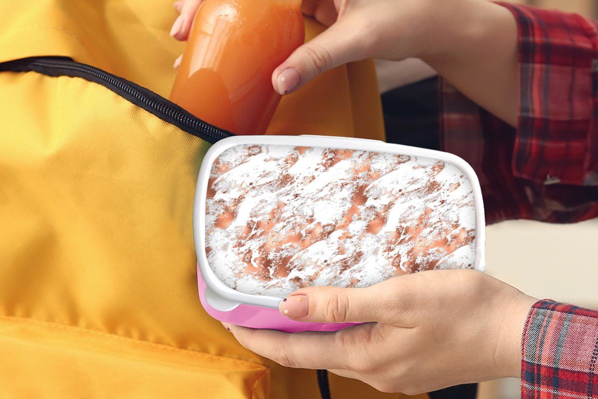 MuchoWow Lunchbox Marmor - Weiß Erwachsene, - Kinder, (2-tlg), Brotbox Kunststoff, Snackbox, für Brotdose rosa Roségold, Mädchen, Kunststoff