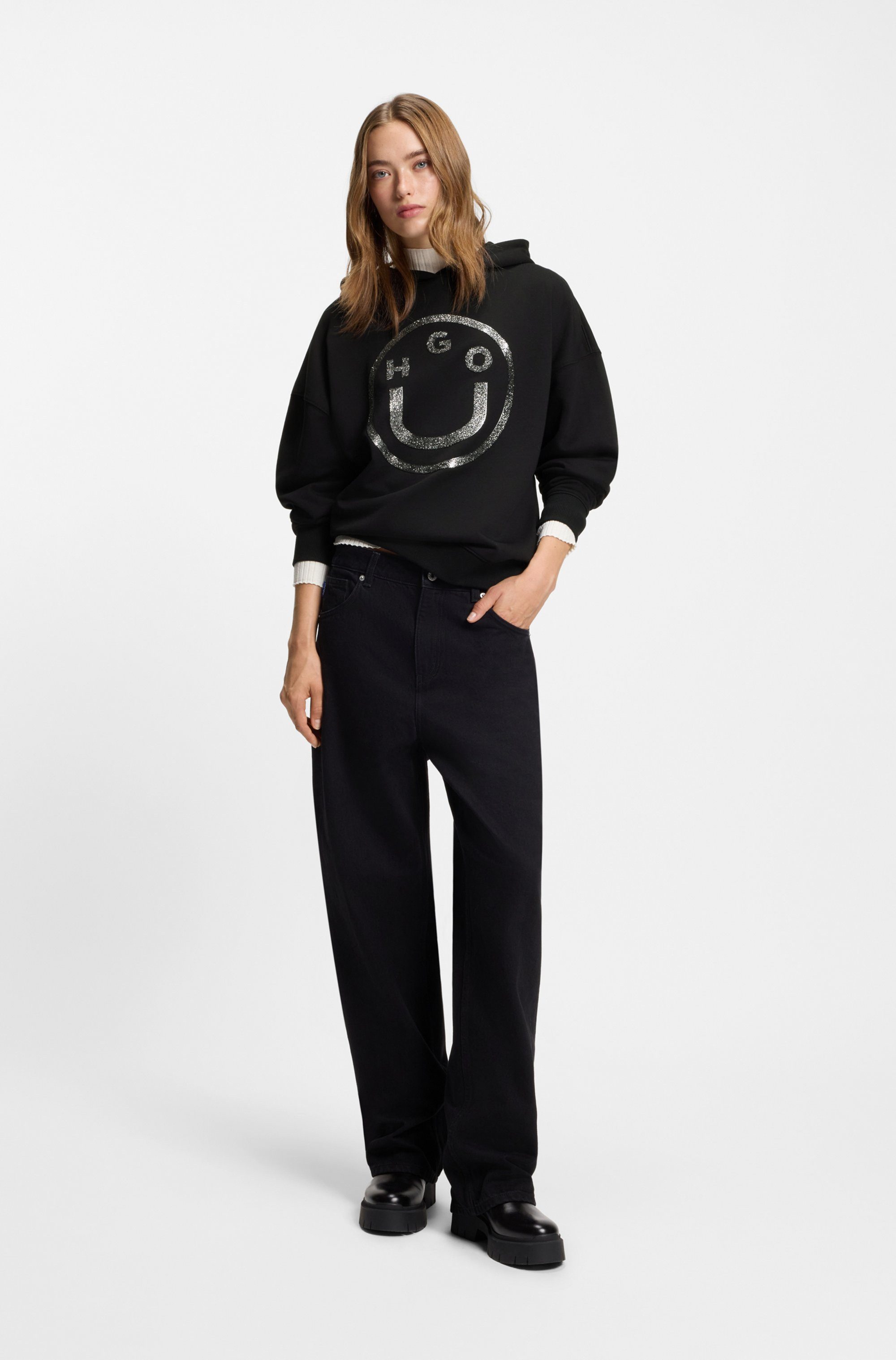 HUGO Blue Hoodie Dolasa Relaxed Fit, mit glänzendem Frontprint