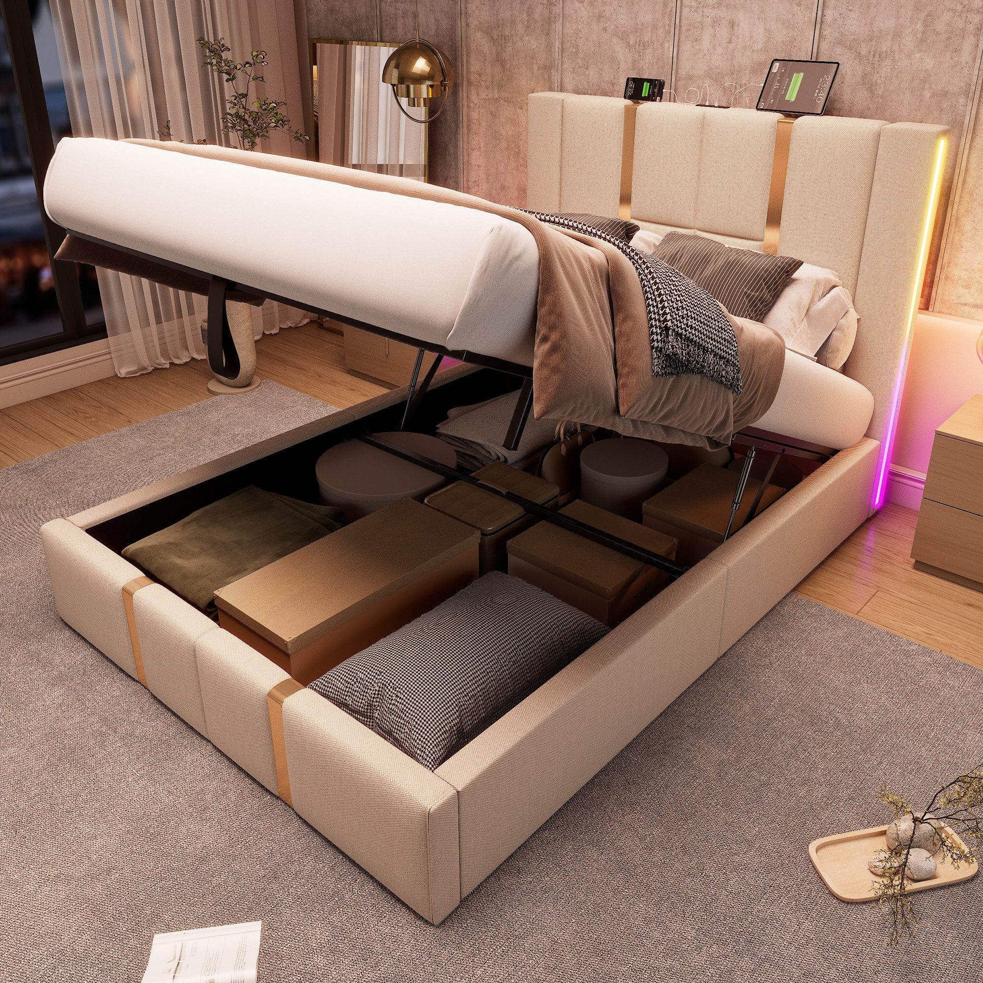 Flieks Polsterbett, LED Hydraulisches Stauraumbett mit USB/Type C Ladefunkt günstig online kaufen